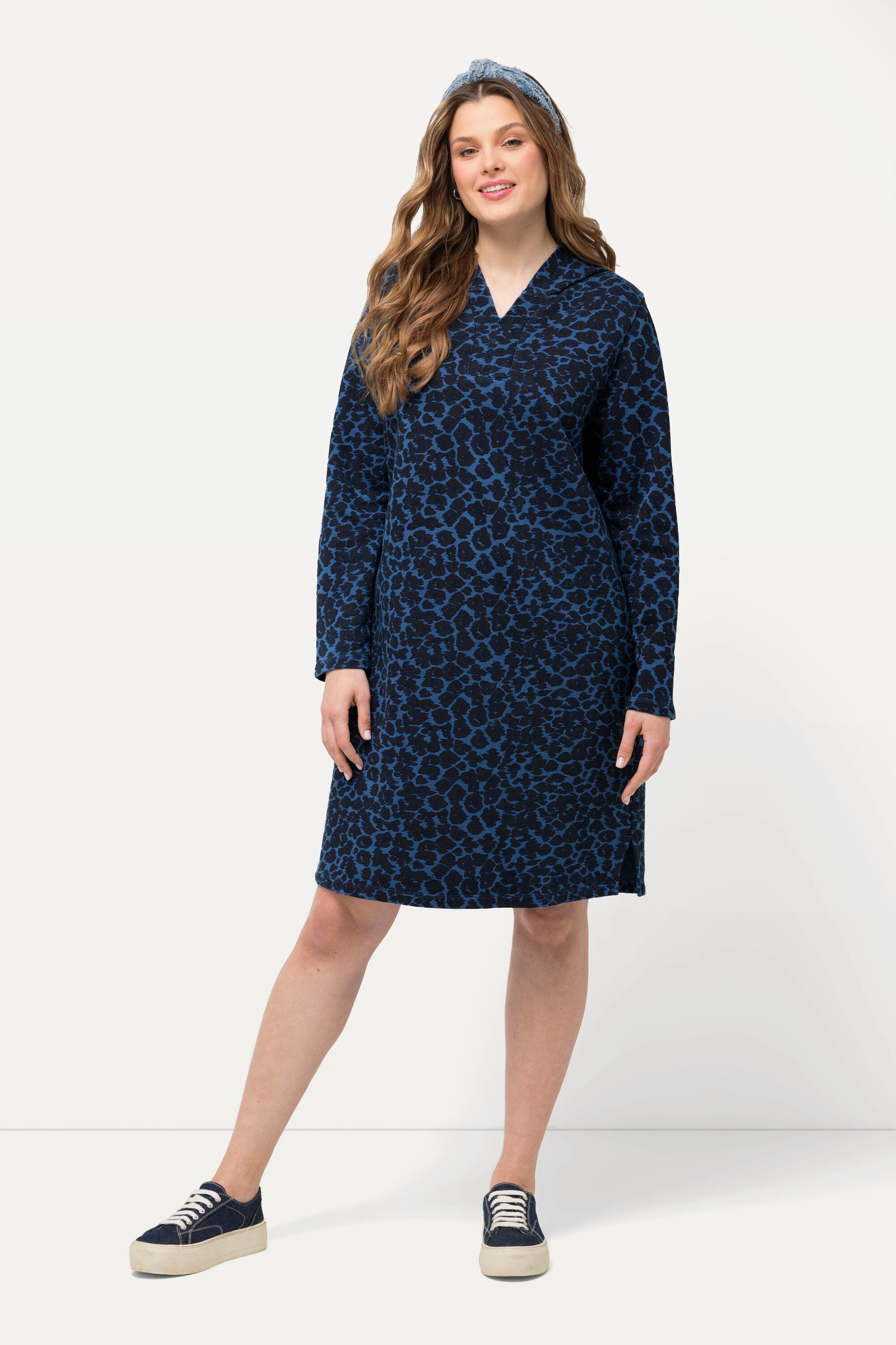Midikleid Sweatkleid Hoodie Leomuster offenkantig Langarm
