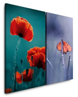 Sinus Art Leinwandbild 2 Bilder je 60x90cm Mohnblume rote Blume Schmetterling Sommer Nebel Sanft Zart