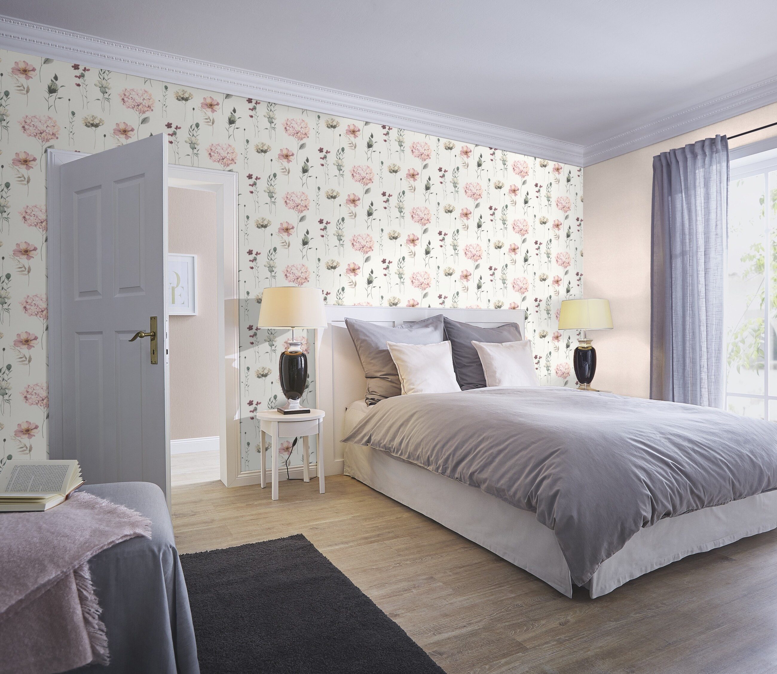 Rasch Vliestapete Hortensien Weiß Creme Grau Grün Rosa, Naturoptik, (1 Rolle, 1 St., Kollektion 'Kids World II' - 10,05 m x 0,53 m), gute Lichtbeständigkeit, fe – Bild 4 von 5