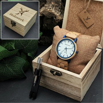 Holzwerk Quarzuhr HEIDENAU Damen & Herren Holz Armband Uhr mit Datum, beige, weiß & blau