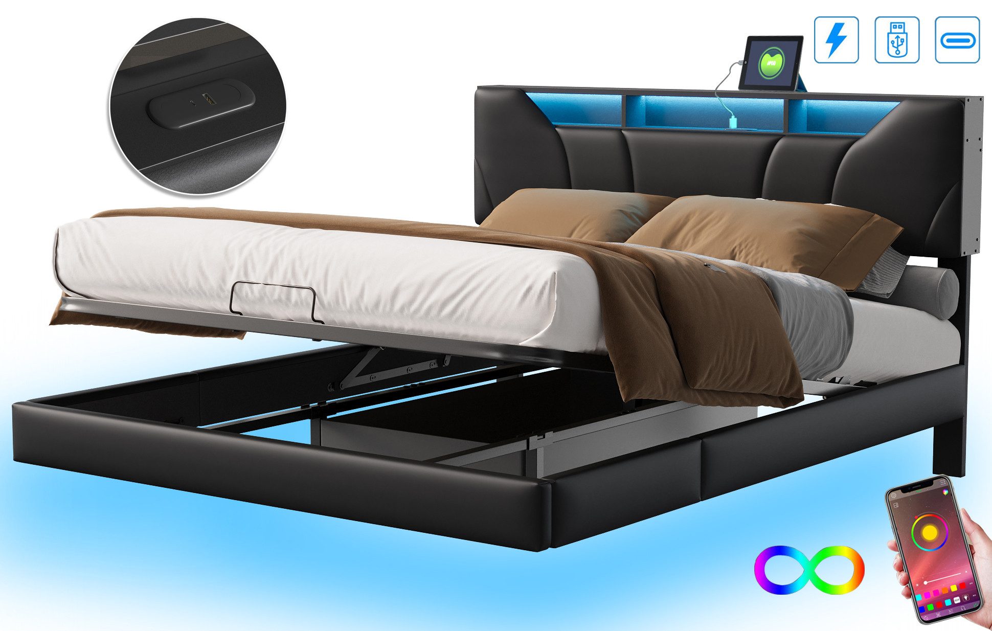 FUROKOY Polsterbett Doppelbett Stauraumbett mit Hydraulisch günstig online kaufen