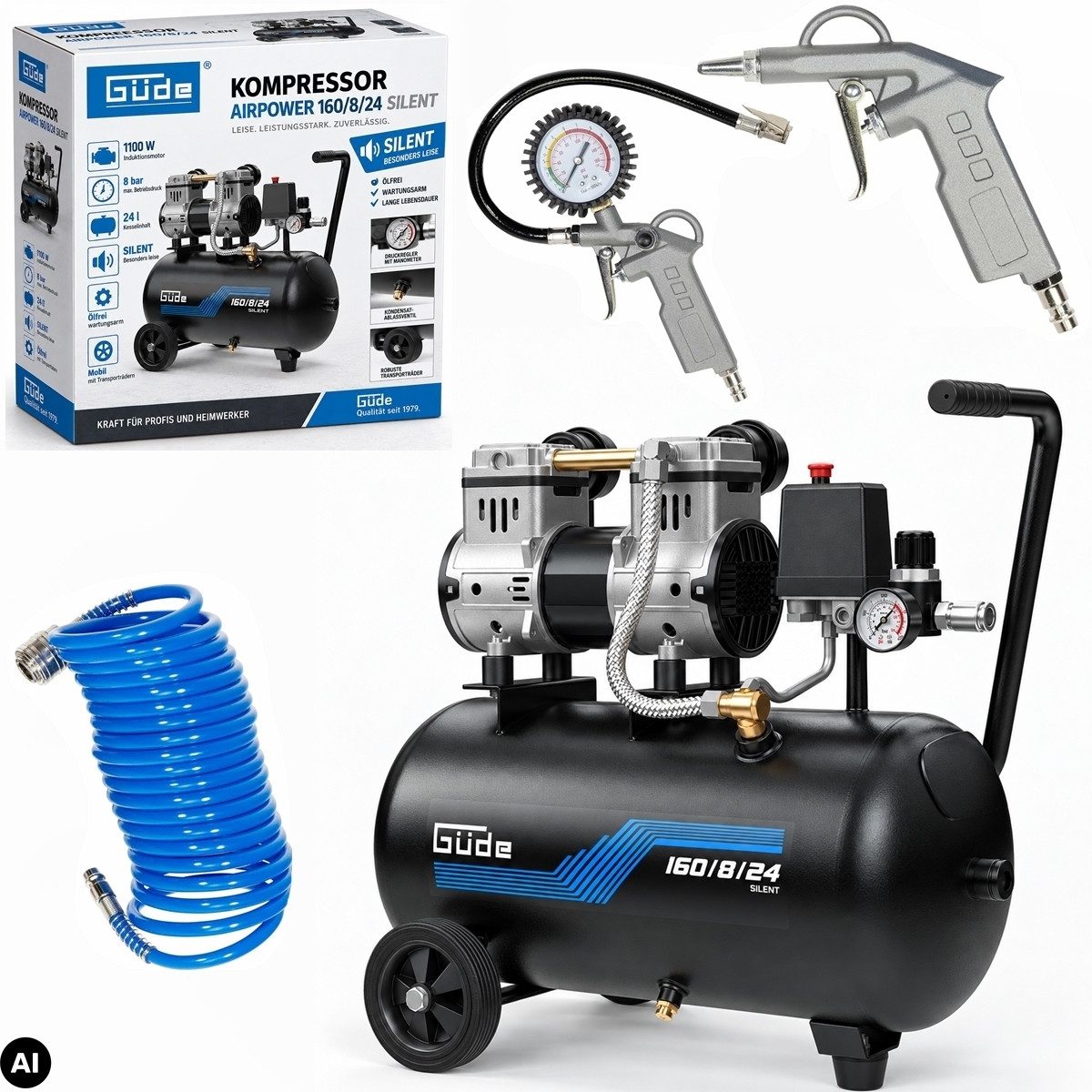 Güde Kompressor Flüster Kompressor Airpower 160/8/24 SILENT Leise + 3er Druckluft Set