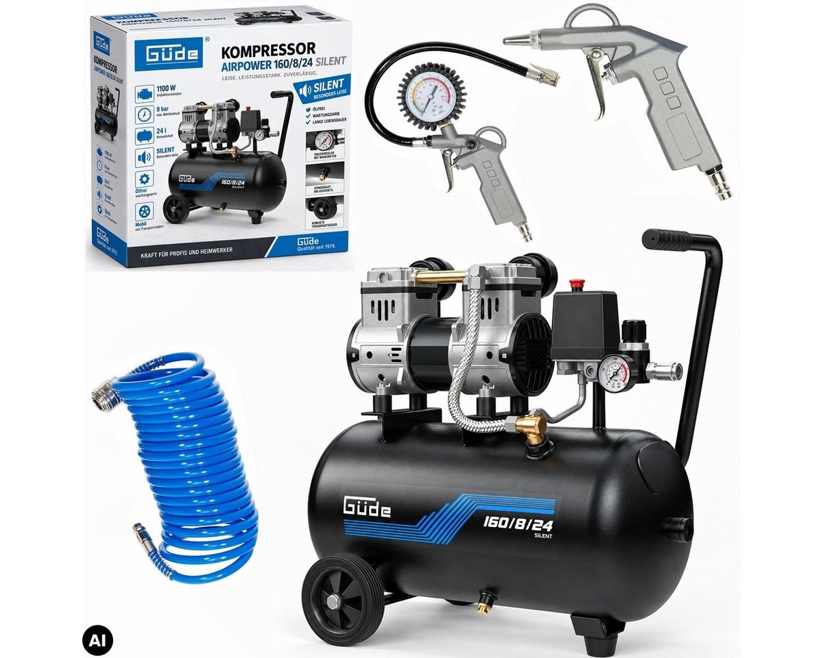 Güde Kompressor Flüster Kompressor Airpower 160/8/24 SILENT Leise + 3er Druckluft Set