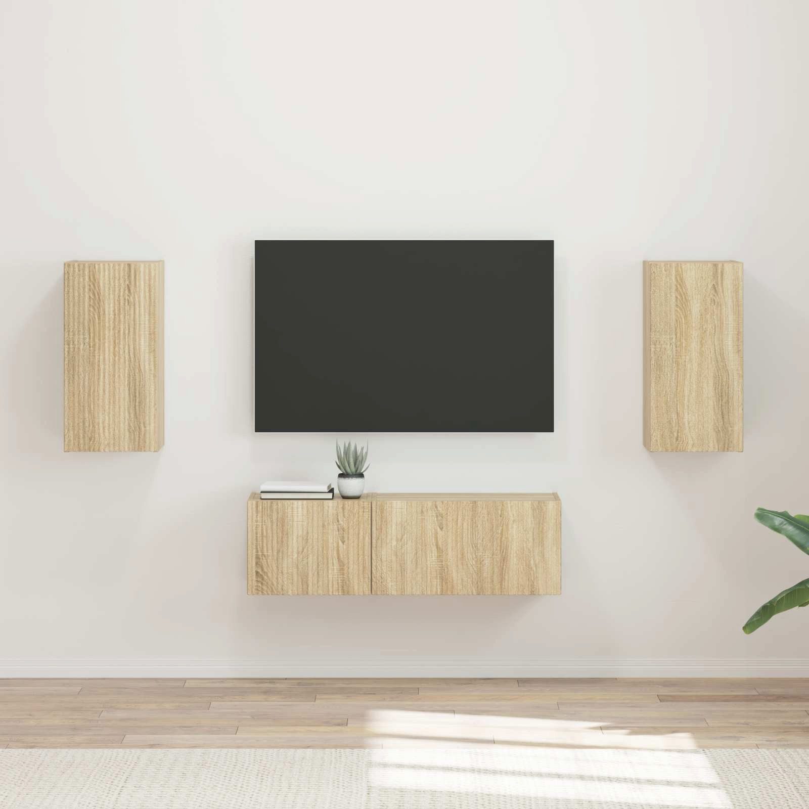 furnicato TV-Schrank TV-Wandschrankset Massivholz Sonoma-eiche (1-St) Medienregal mit 90°-Schwenktüren und viel Stauraum für Wohnzimmer