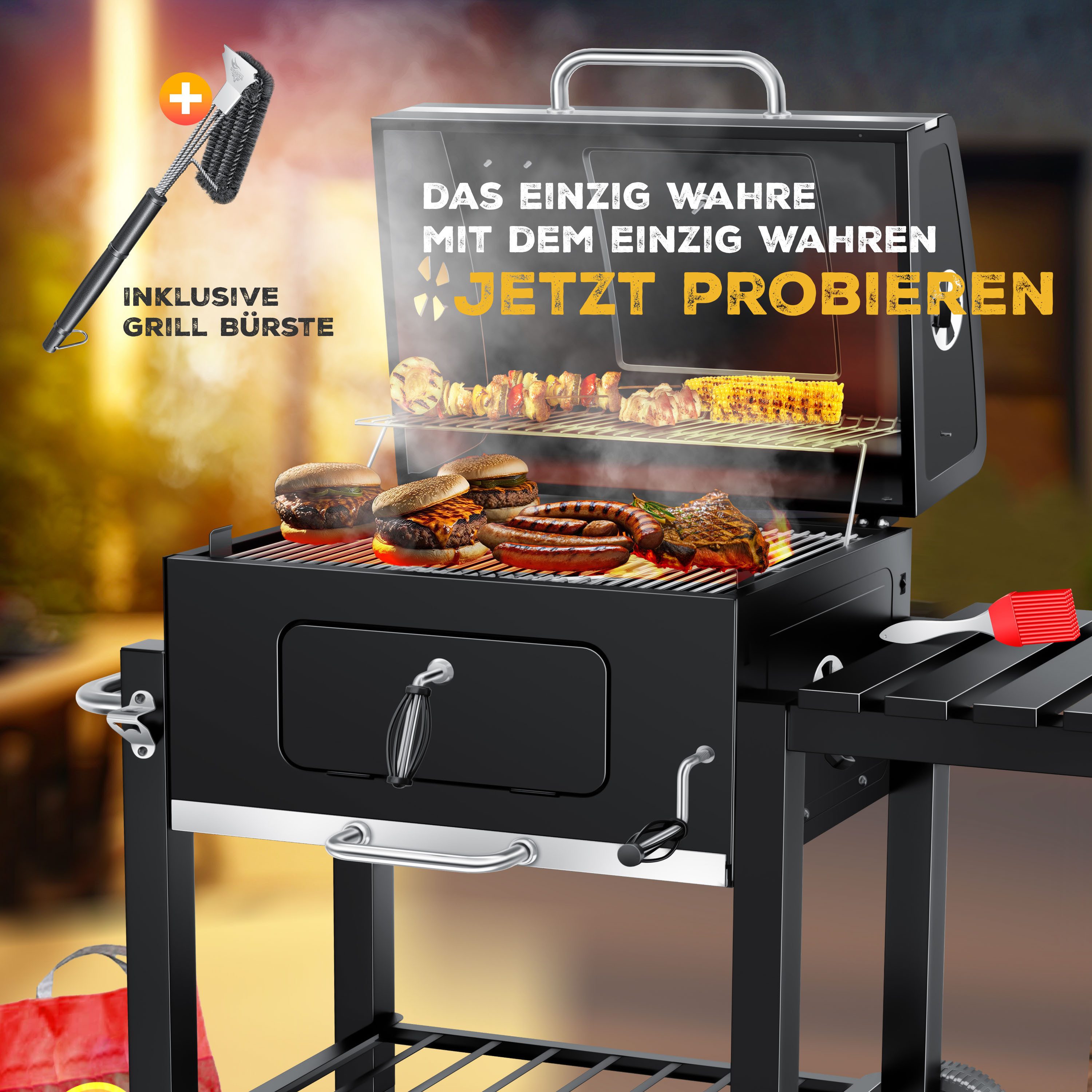 KESSER Holzkohlegrill Grillwagen BBQ Smoker XL Holzkohlegrill mit Deckel, Rädern, Edelstahl-Griff, Thermometer, Grillrost, Standgrill, Kohlegrillwagen