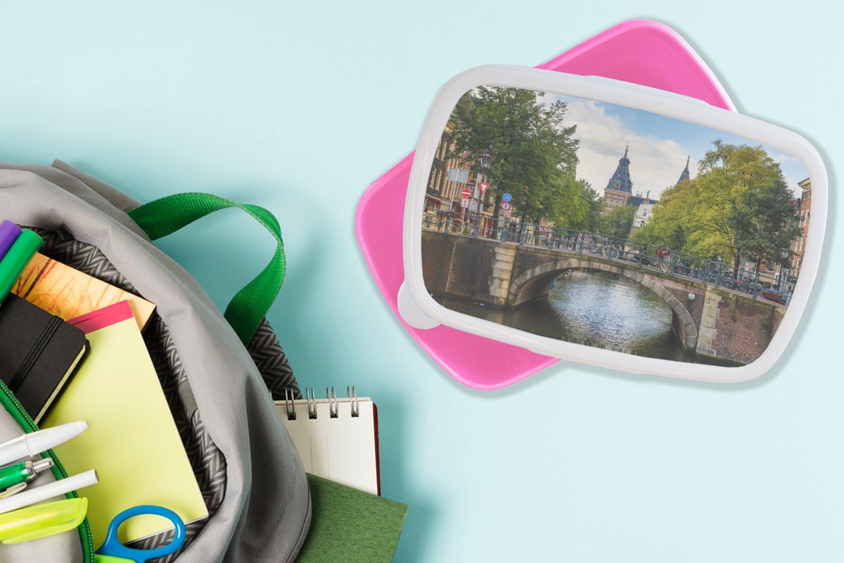 (2-tlg), Brotdose Snackbox, Kunststoff MuchoWow Amsterdamer an Mädchen, Kunststoff, Erwachsene, Spiegelgracht, Brotbox rosa Lunchbox Architektur Kinder, der für