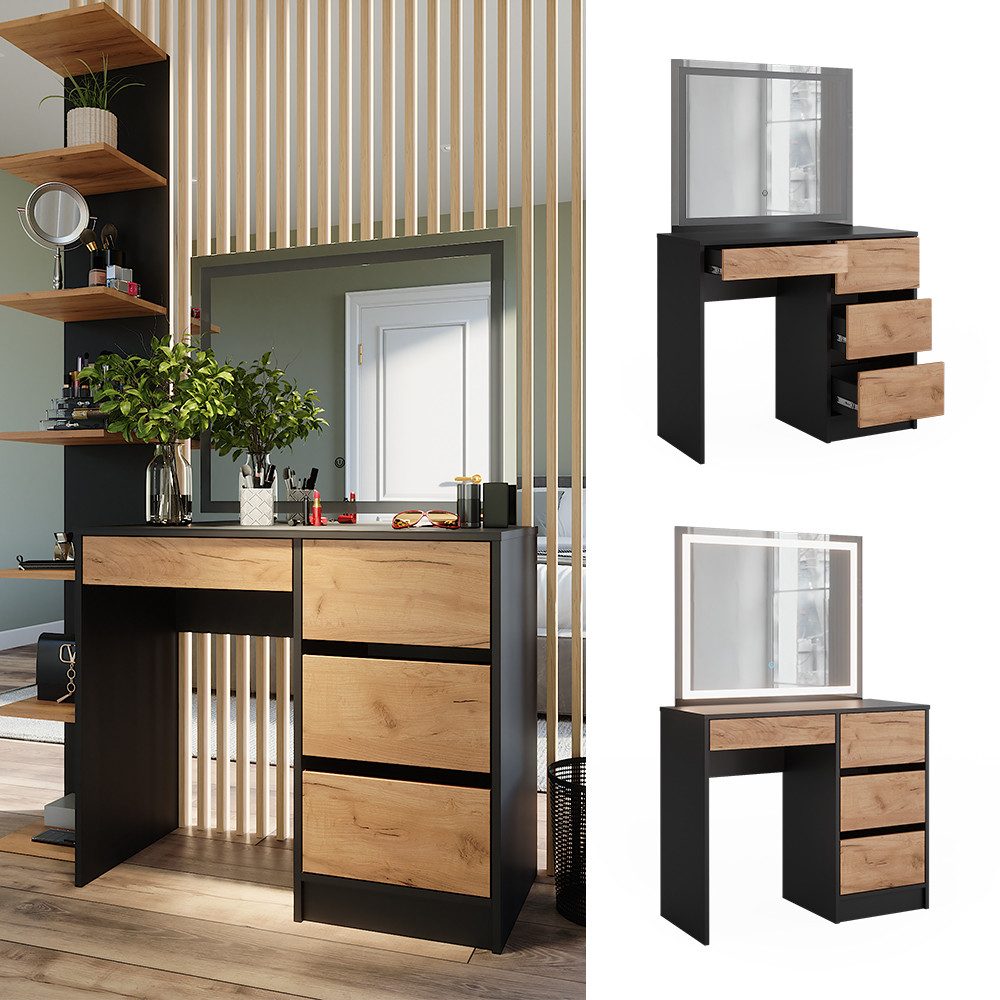 Vicco Schminktisch Sherry, Anthrazit/Goldkraft Eiche, 90 x 75 cm mit LED-Spiegel (2-St)