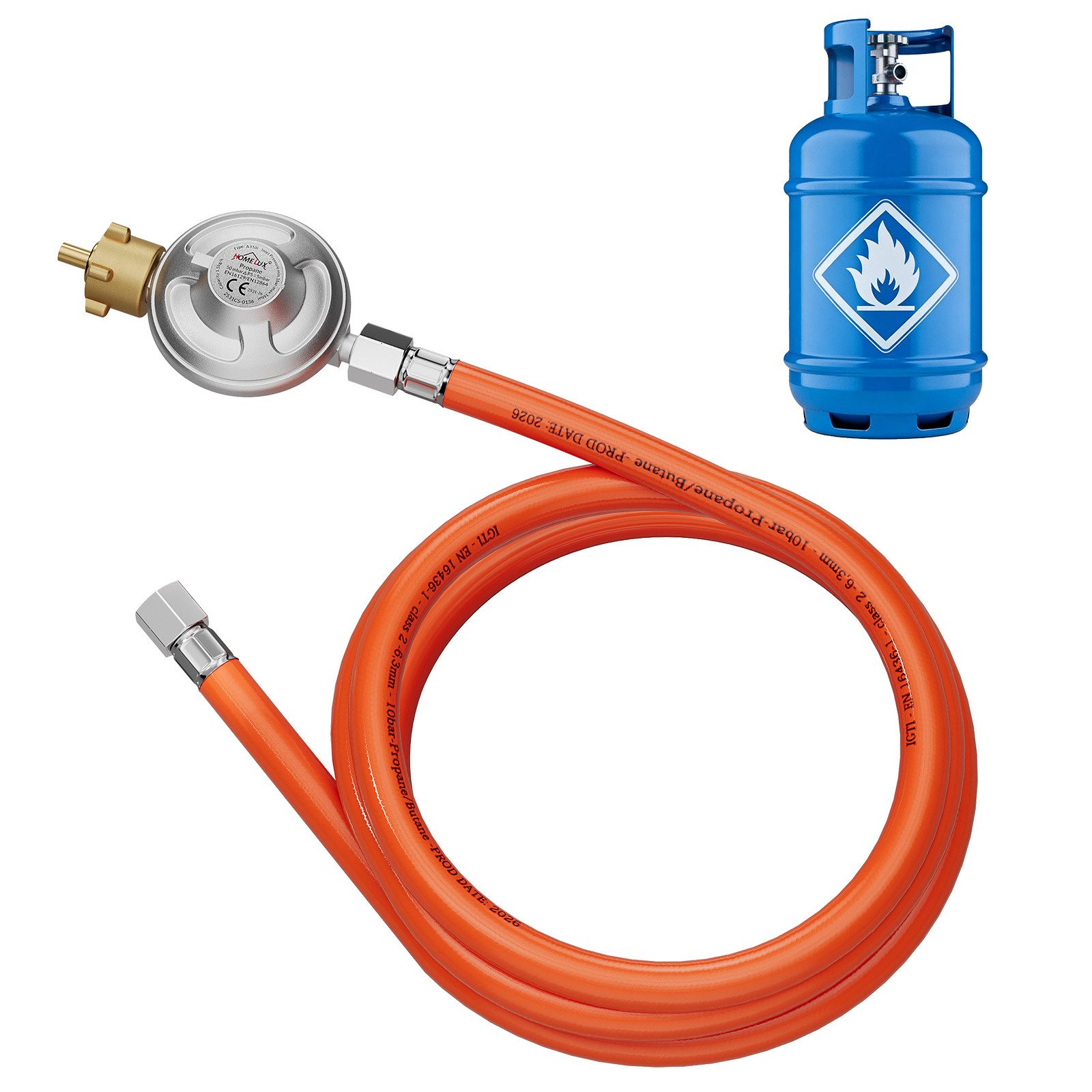 HOMELUX Druckregler 50 mbar Gasregler mit 1,5m Gas Schlauch, 50 mbar, (Set, 1-St., Allgemeine Konfiguration), Kartusche auf Gasflasche für Gasgrills- Kocher und weitere Geräte