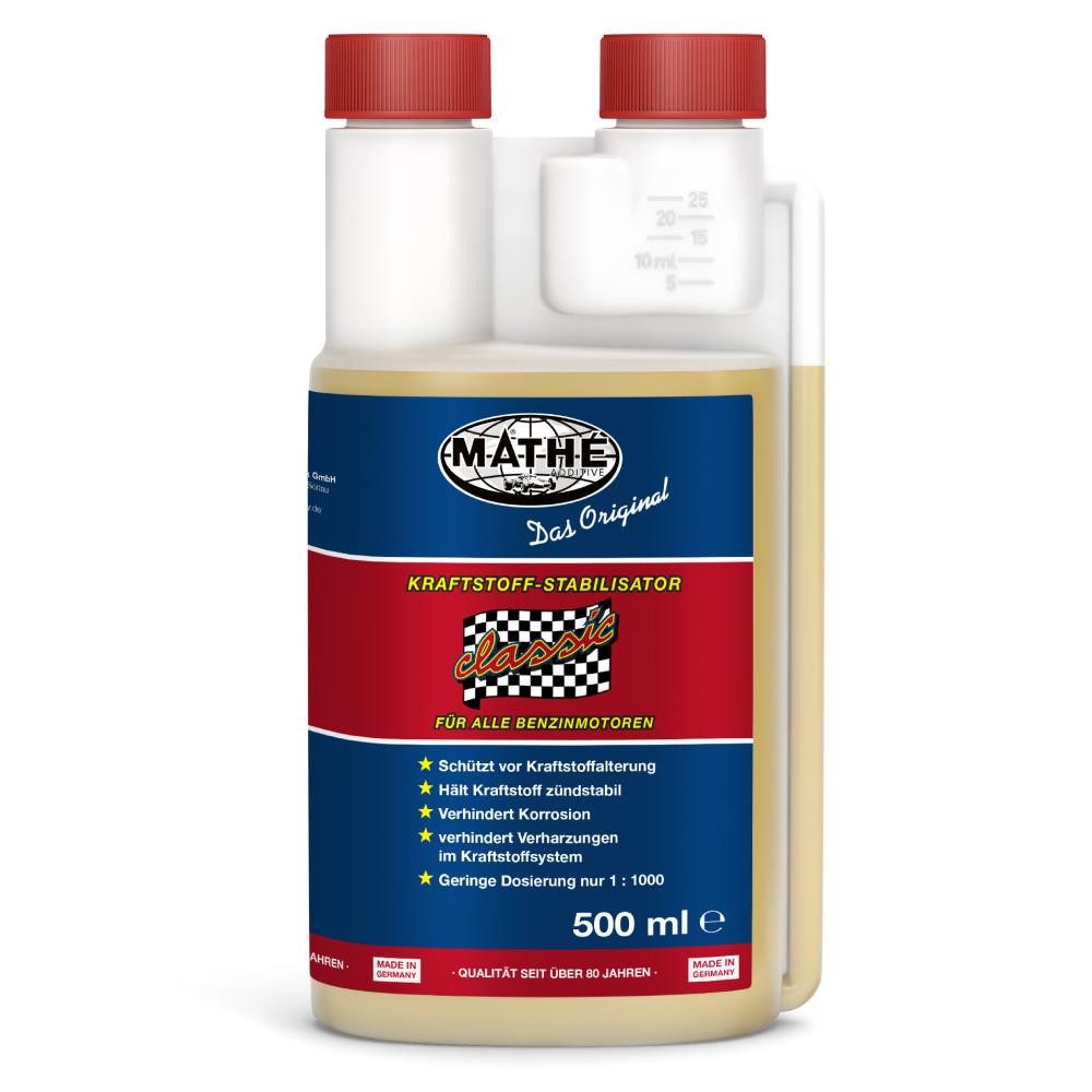 MATHY Benzin-Stabilisator MATHÉ Classic Kraftstoff-Stabilisator 500 ml, 0,5 l, (1-St) Benzin-Systemreiniger & Korrosionsschutz für ältere Motoren