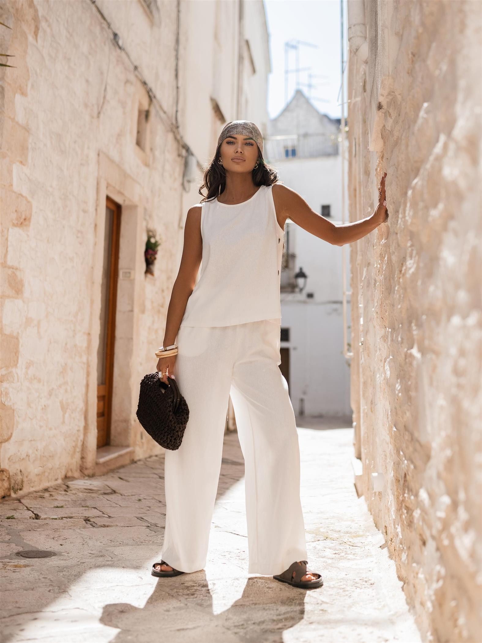 EloModa Hosenanzug Damen Leinen-Viskose Set Zweiteiler Sommer Outfit mit ärmellosem Top (2-tlg)