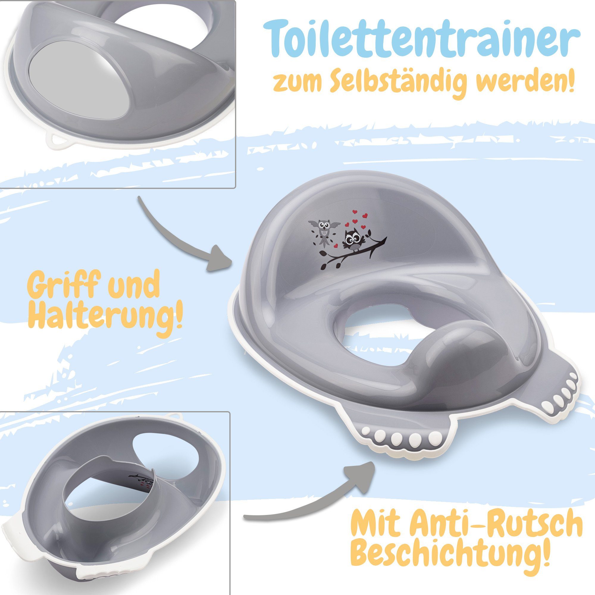 (Set, 3-tlg), Rheinland Toilettentrainer, - geprüft! Eule TÜV Babykajo Hocker Topf, grau Baby Töpfchen,
