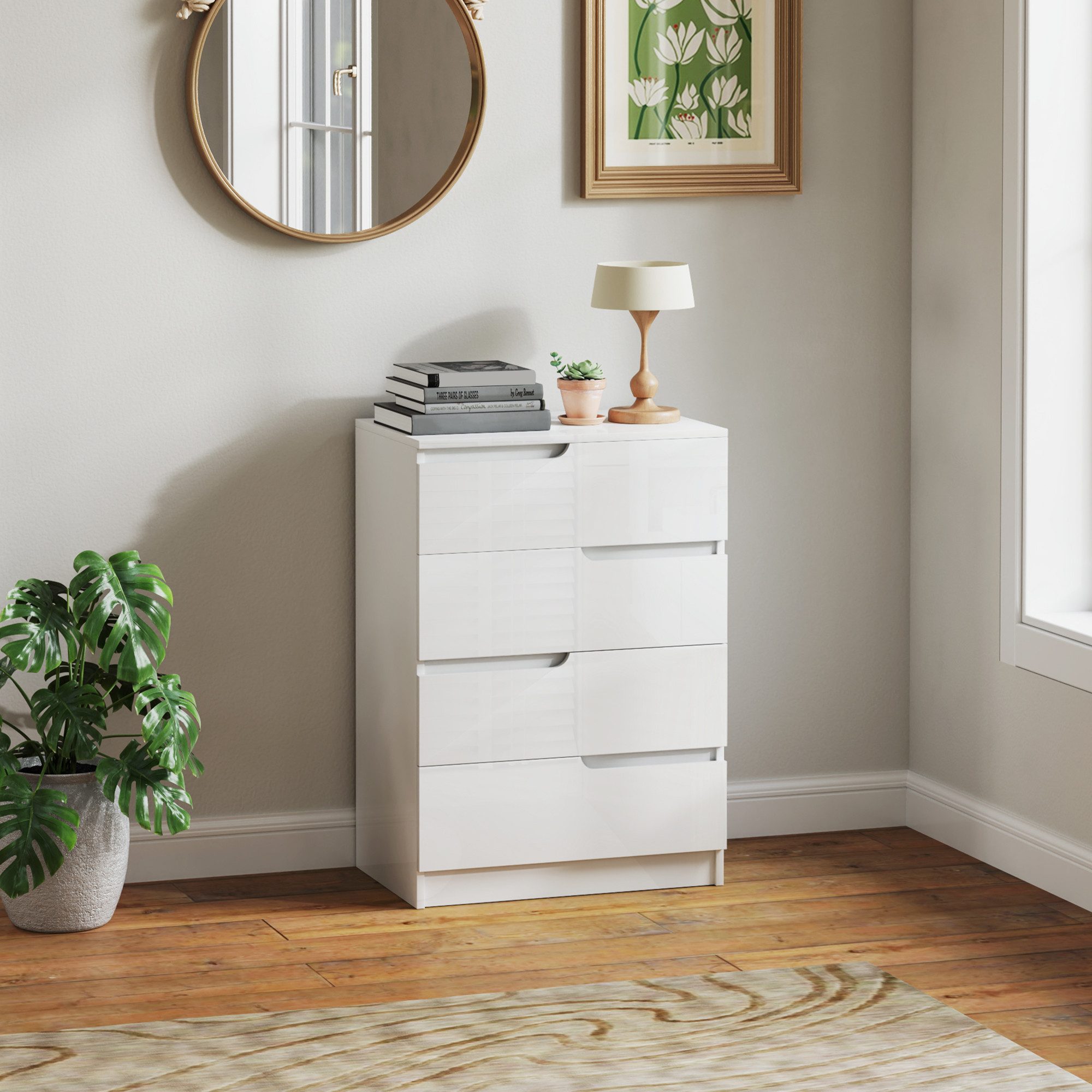 HOMCOM Kommode Beistellschrank mit 4 Schubladen, Kommode für Wohnzimmer (Schubladenkommode, 1 St., Beistellschrank), für Wohnzimmer, Schlafzimmer, Hochglanzweiß 60 x 40 x 85cm