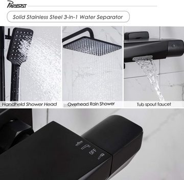 PHASAT Duschsystem Schwarz Bad Duschset Regendusche, mit Armatur Thermostat Überkopfbrause und Handbrause 3 Funktion Höhen