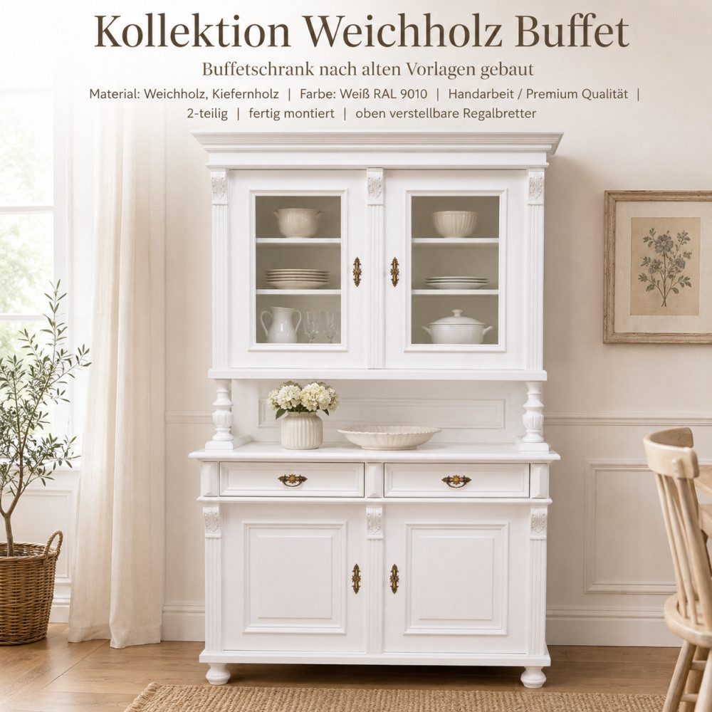 Wohnpalast Buffet Premium Buffetschrank Massivholz – Landhausstil, Weiß, 2-teilig, Handa
