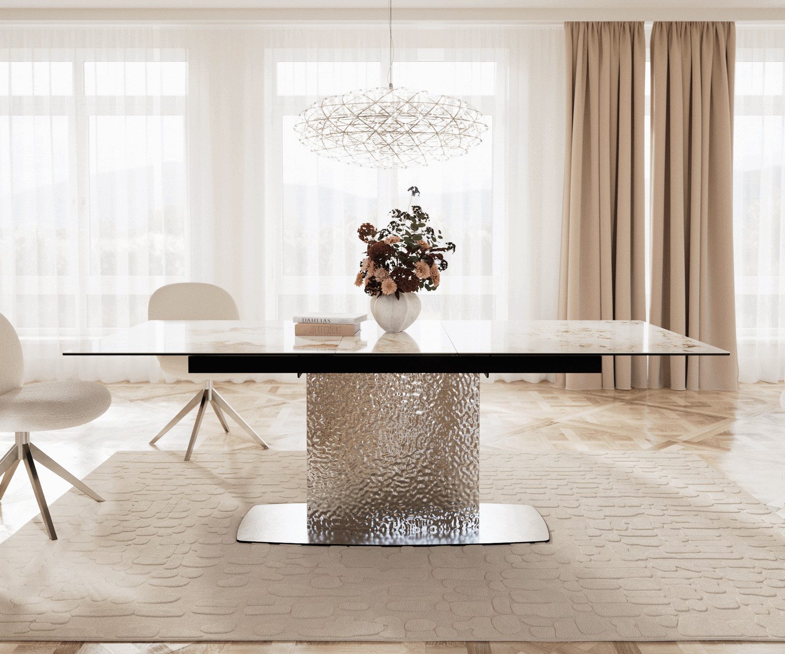 DELIFE Esstisch Edge, Keramik Minas Melange Weiß-Beige 180-220x100 Wave Edelstahl ausziehbar