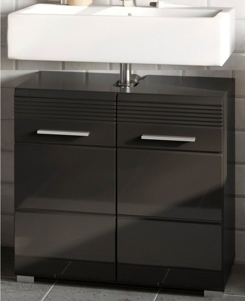 xonox.home Waschbeckenunterschrank Linus (Waschtisch Unterschrank in  schwarz, 60 x 56 cm) Hochglanz, 2-türig, Waschtisch Unterschrank mit  verstellbarem Einlegeboden (2 Fächer)