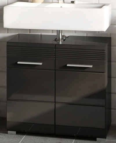 xonox.home Waschbeckenunterschrank Linus (Waschtisch Unterschrank in schwarz, 60 x 56 cm) Hochglanz, 2-türig