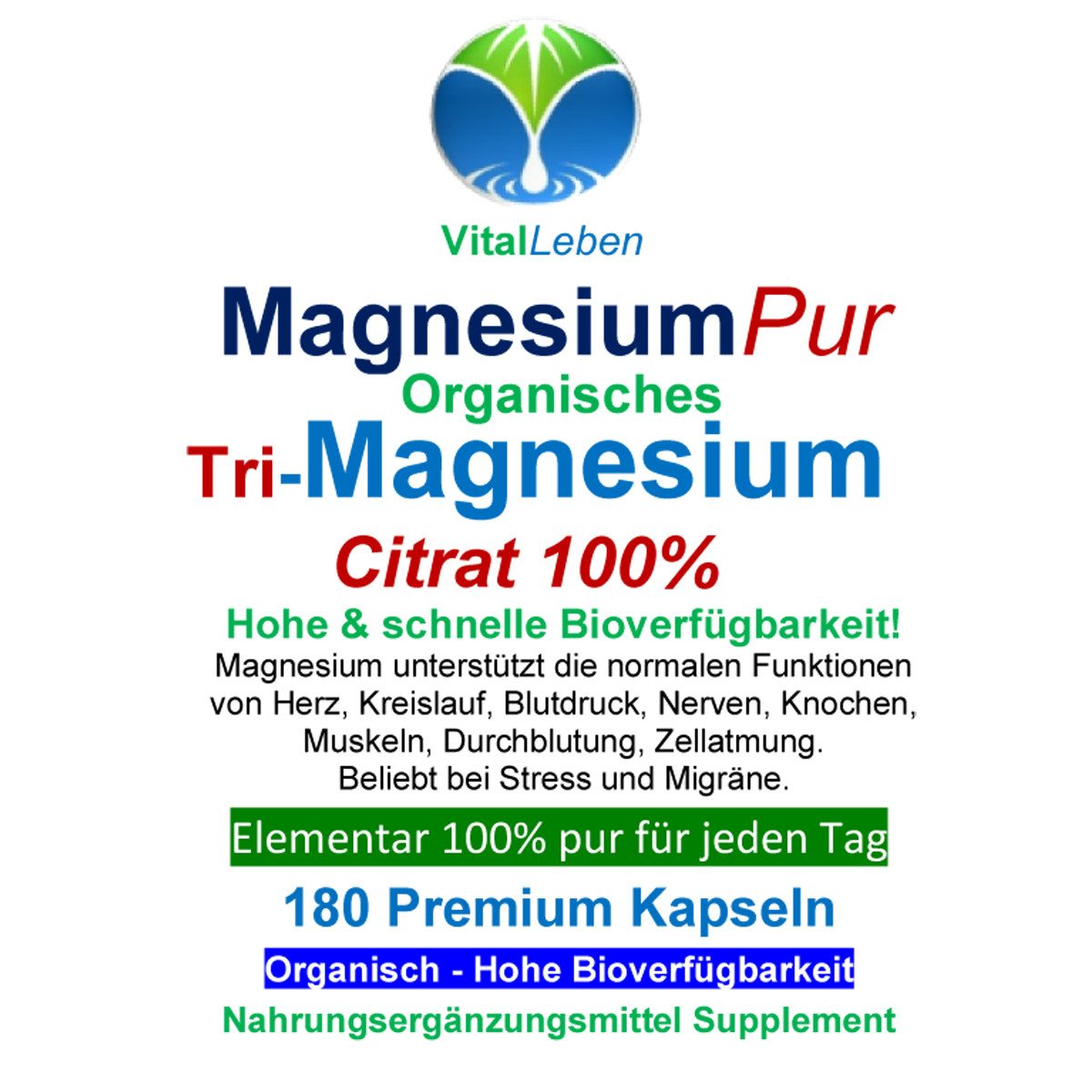 VitalLeben Tri-Magnesiumcitrat organisch hohe Bioverfügbarkeit ohne Zusätze Kapseln, 4 er Dose à 180 St., 468 g, Art. 27140-720