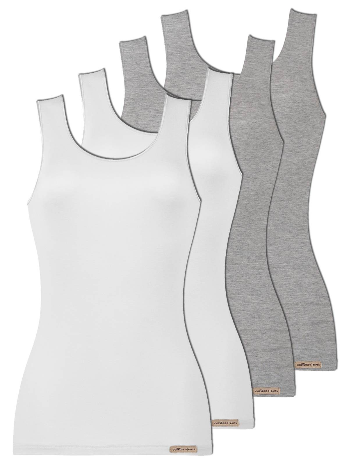COMAZO Achselhemd 4er Pack Baumwoll Damen Achselunterhemd (Spar-Set, 4-St) Vegan grau-melange-weiss | Ärmellose Unterhemden