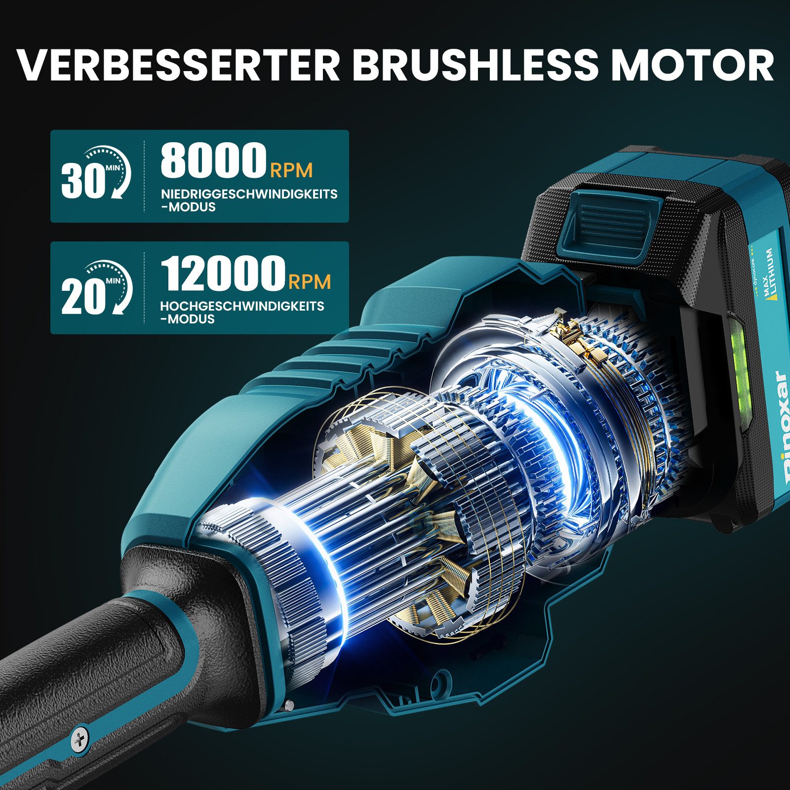 Rinoxar Akku-Rasentrimmer 12000RPM Akku Rasentrimmer, Akku Freischneider Mit 2x5200mAh Batterien, 26cm cm Arbeitsbreite Messer, 22cm cm Arbeitsbreite Faden, Sicherheitsschutz, 3 Arten Klingen für Garten, Hof