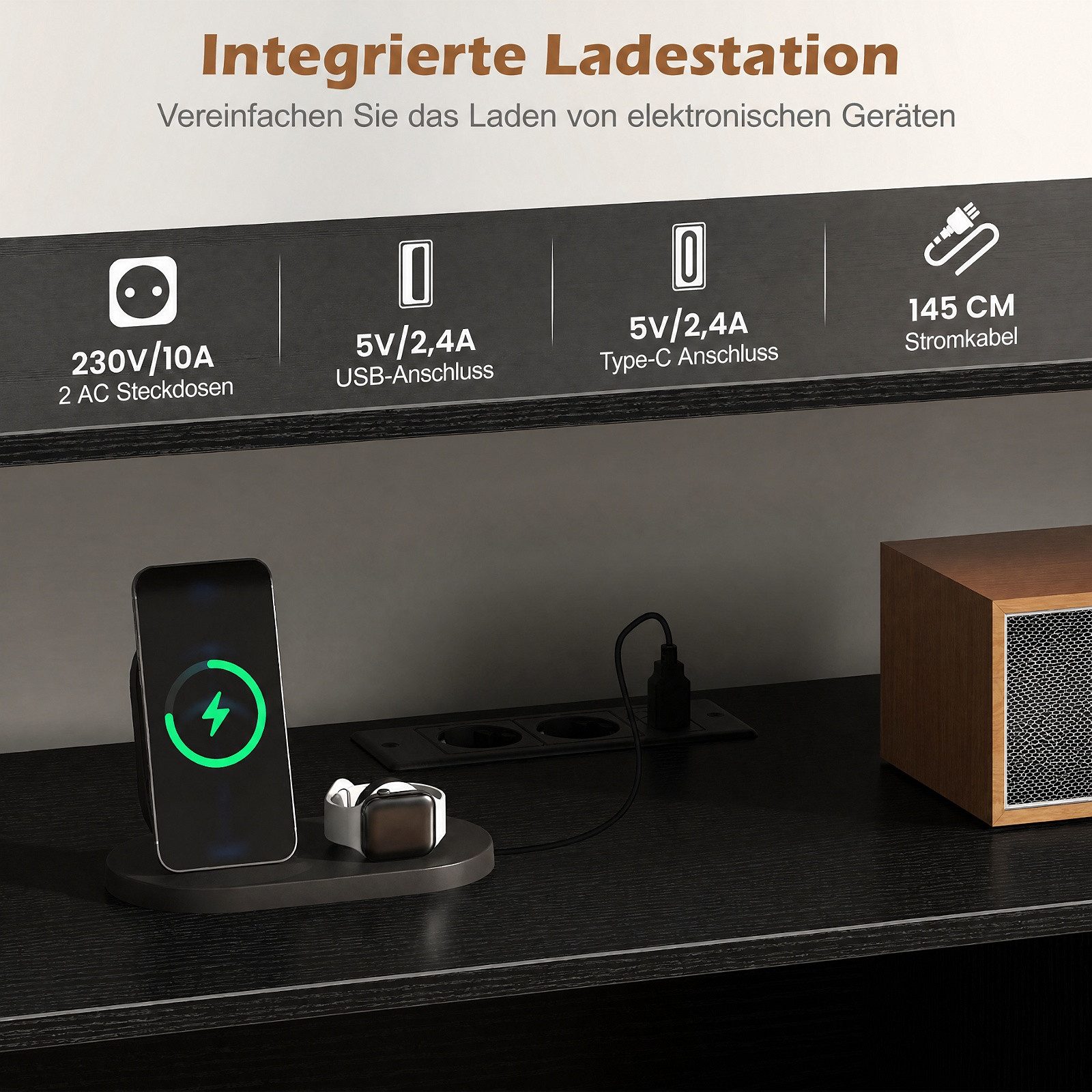 COSTWAY Sideboard Plattenspieler Regal mit Steckdose & LED, Plattenspieler-Ständer – Bild 4 von 5