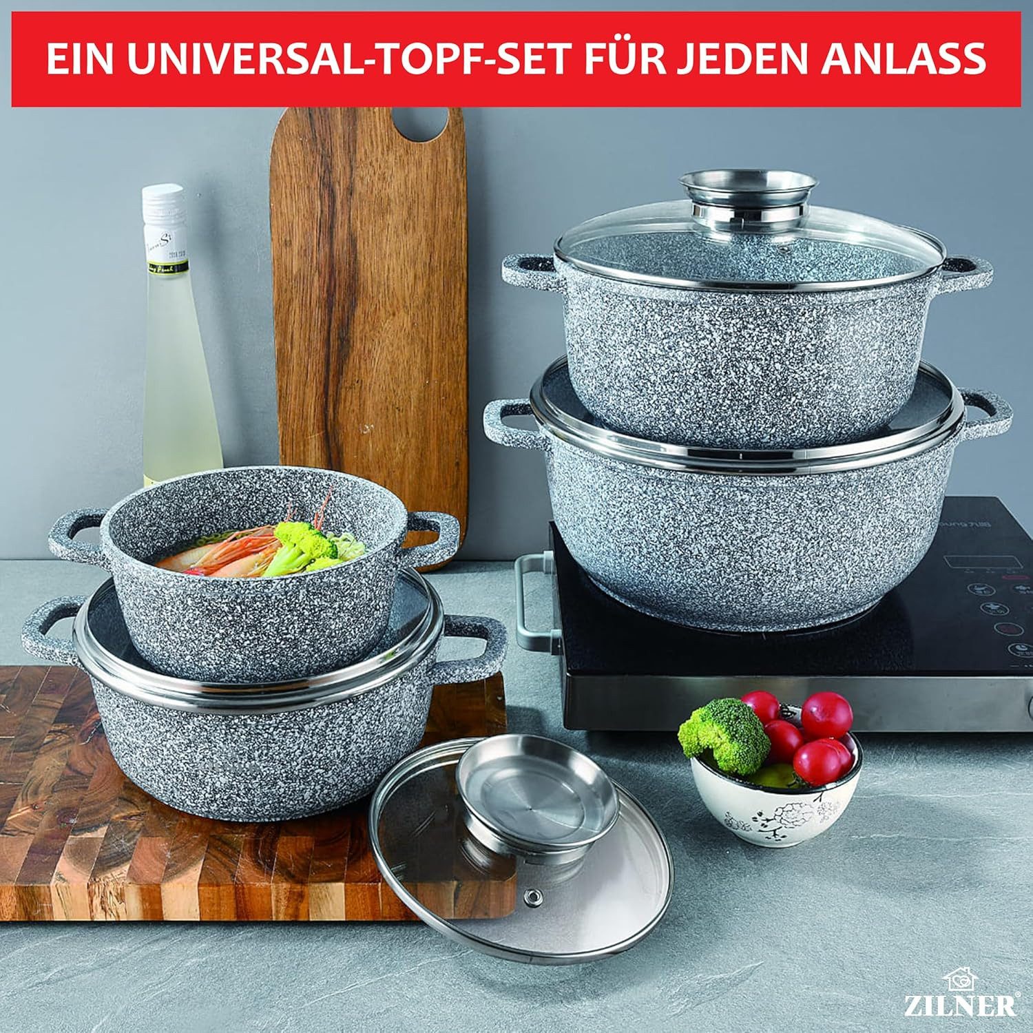 Zilner Topf-Set Graue Töpfe mit Keramik-marmorbeschichtung, Induktionstöpfe, Aluminiumguss (Topfset, 8-tlg., Zeitloses Design des Topfsets. Eine ideale Geschenk – Bild 4 von 5