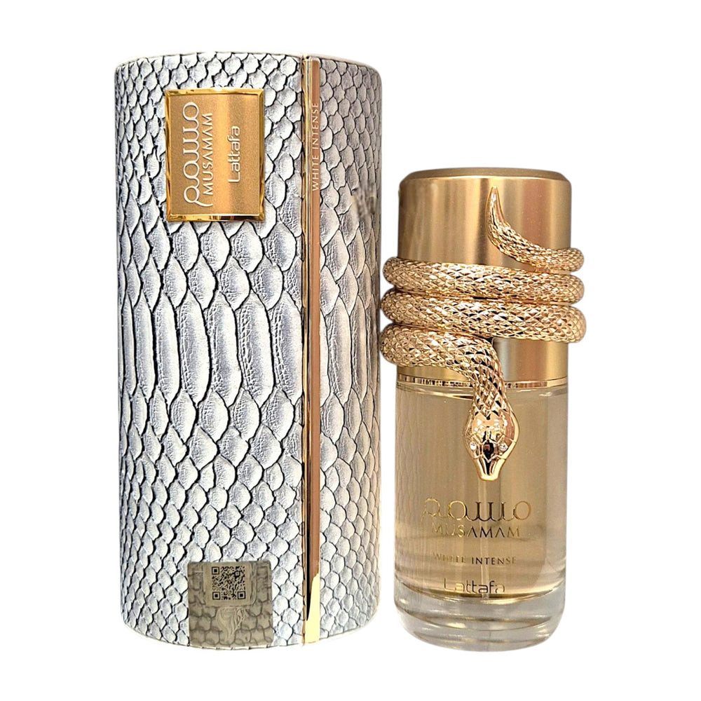 Lattafa Eau de Parfum MUSAMAM White Intense EDP 100ml + Parfümzerstäuber (leer) Set