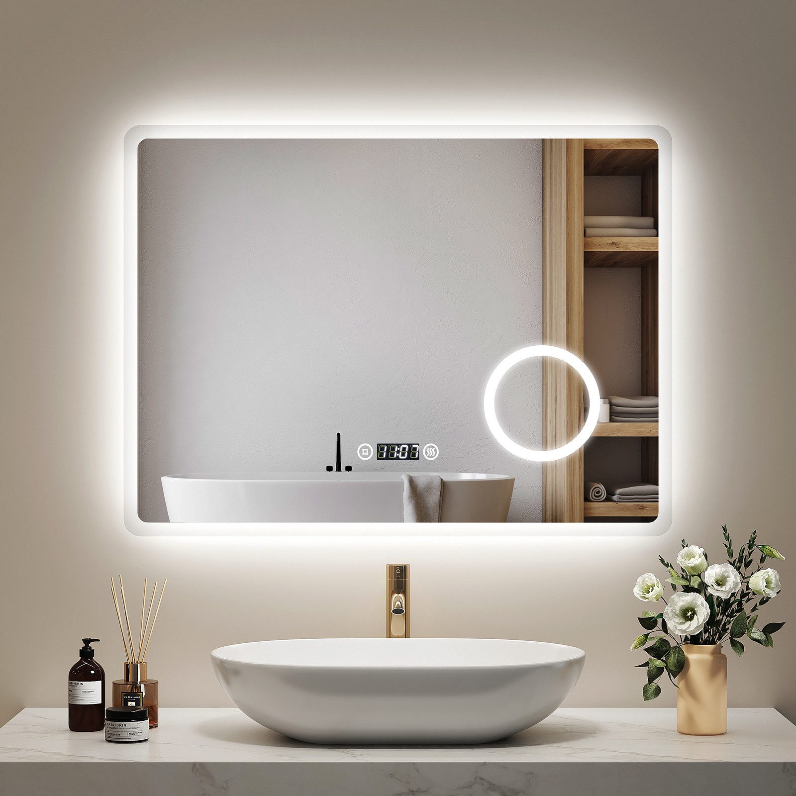EMKE Badspiegel mit Beleuchtung LED Wandspiegel 3-fach Vergrößerung Kosmetikspiegel (Breit: 80~100cm, Touchschalter), 3 Lichtfarben, dimmbar, Antibeschlag, Digitaluhr, Touch, IP44