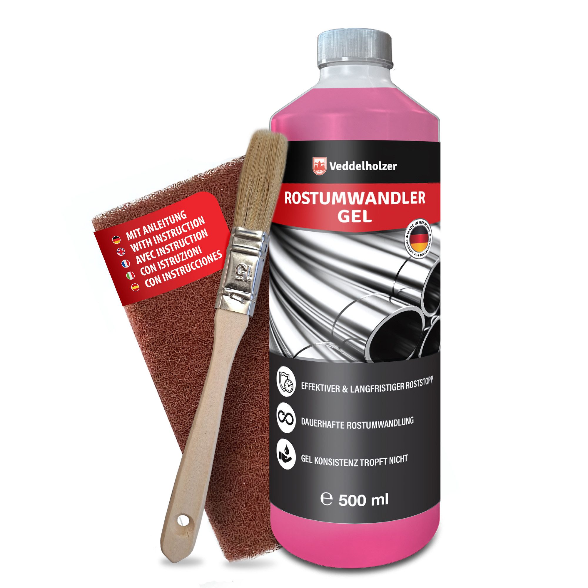 Veddelholzer Garten Premium 500 ml Rostumwandler Gel Set inkl. Schleifvlies & Pinsel Средство для удаления ржавчины (Rostschreck, Rostschutz, Средство для удаления ржавчины für Metall, Auto, Motorrad, Fahrrad UVM. Effektiver Sofortschutz gegen Rost, [- 500ml Premium Gel)