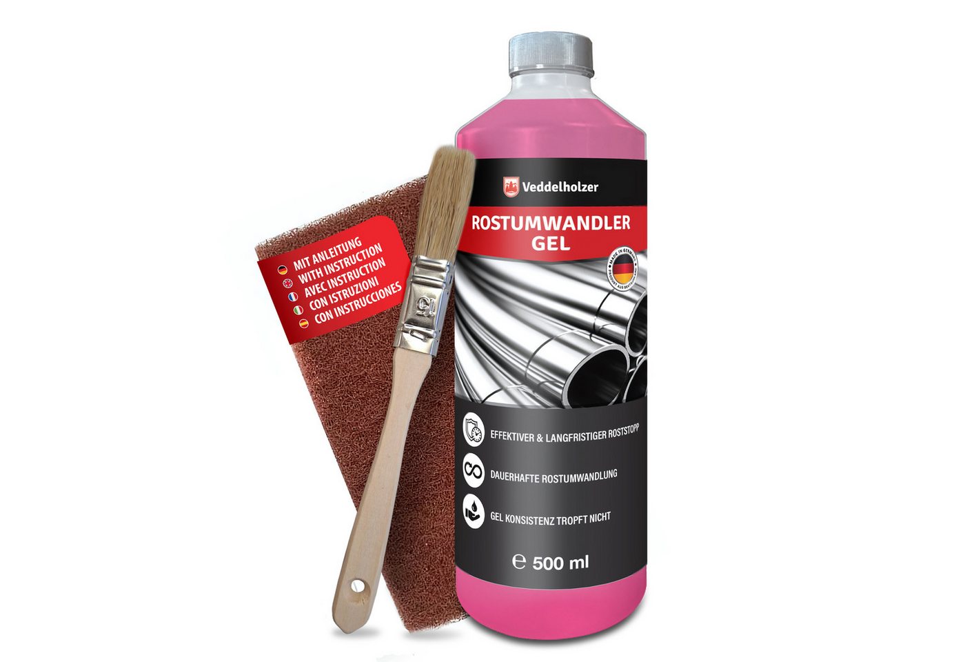Veddelholzer Premium 500 ml Rostumwandler Gel Set inkl. Schleifvlies & Pinsel Rostentferner (Rostschreck, Rostschutz, Rostentferner für Metall, Auto, Motorrad, Fahrrad UVM. Effektiver Sofortschutz gegen Rost, [- 500ml Premium Gel)