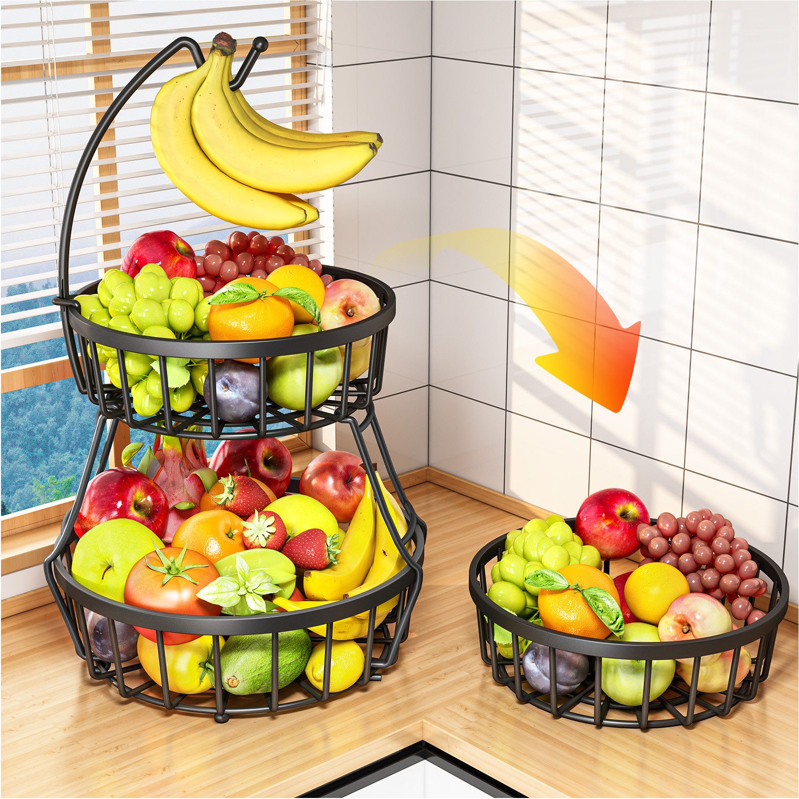 POPOLIC Obstschale 2-stöckiger Obstkorb aus Metall mit Bananenhaken, abnehmbar & belüftet