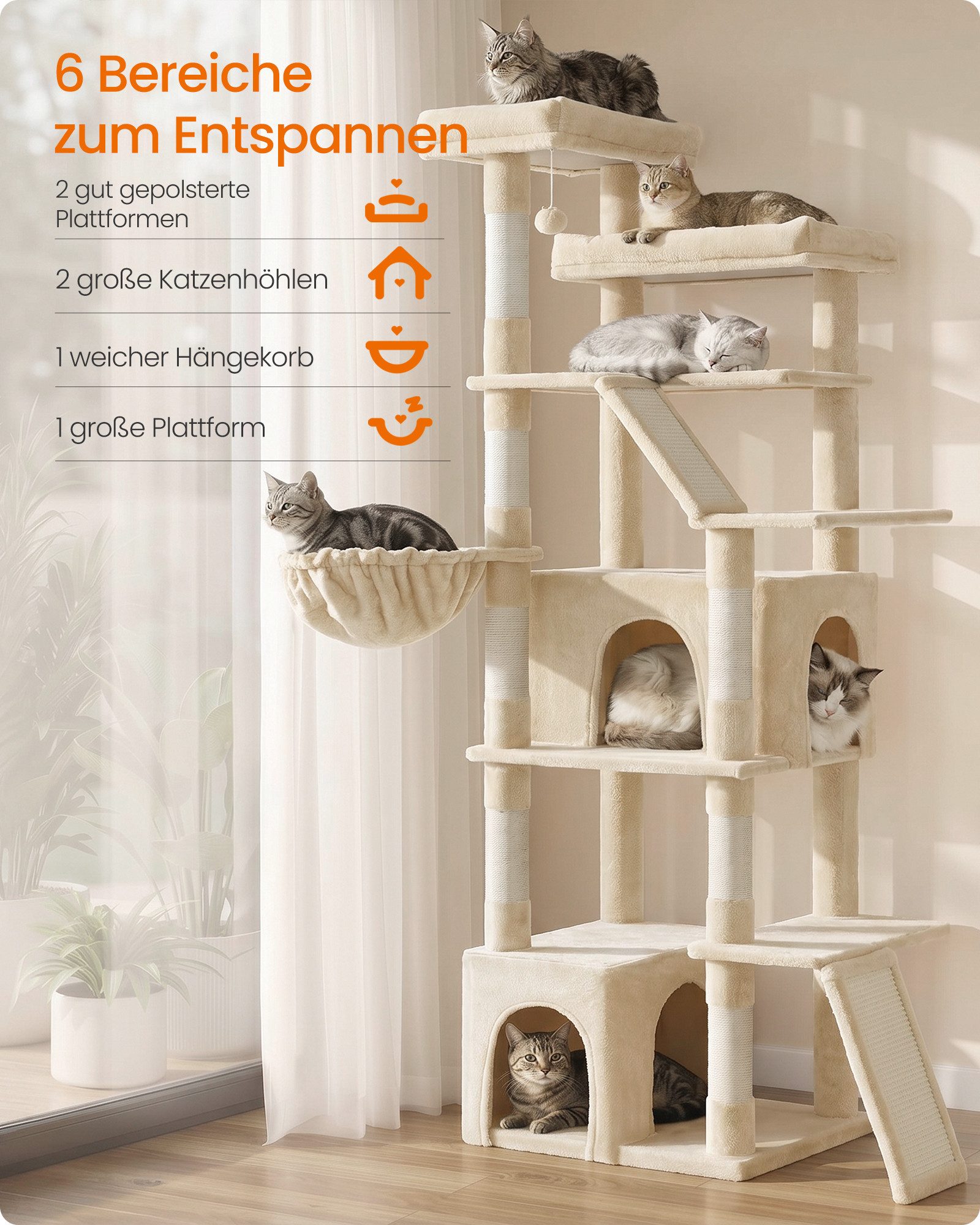 FEANDREA Kratzbaum Großer Katzenbaum mit Sisalstämmen, Mehrstöckiger Kletterbaum, mit Kratzbrett und Sisalstämmen für Große Katzen 55 x 45 x 185 cm