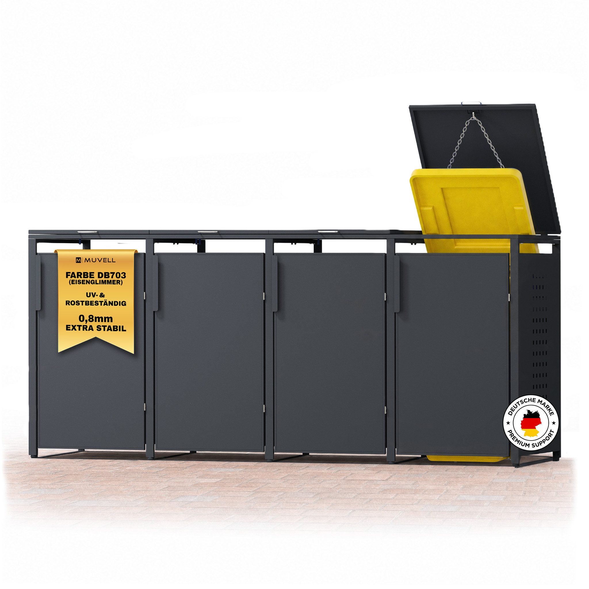 MUVELL Mülltonnenbox 4er Set 120l / 240l Mülltonnenverkleidung wetterfest ALEX (MTB4A - Outdoor Schrank wetterfest, 4 St., Mülltonnengehäuse), feuerverzinkt, pulverbeschichtet, rost- & UV-, korrosionsbeständig