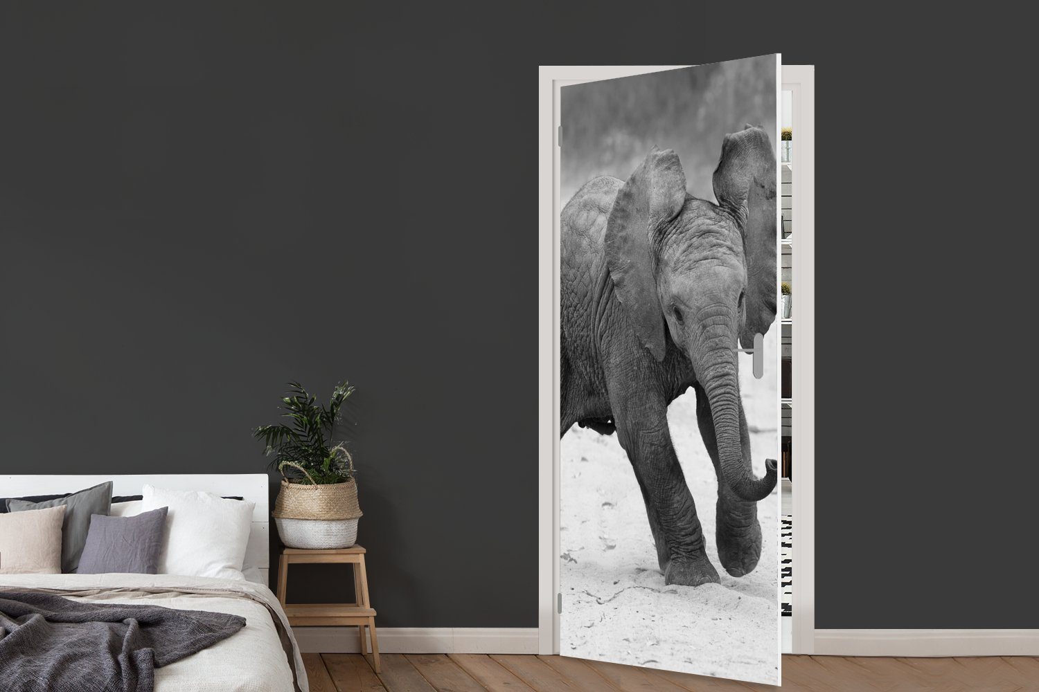 - - und MuchoWow weiß, Elefant bedruckt, Türtapete - Schwarz Fototapete Matt, 75x205 cm Tiere für Tür, Kröte St), (1 - Baby Türaufkleber,