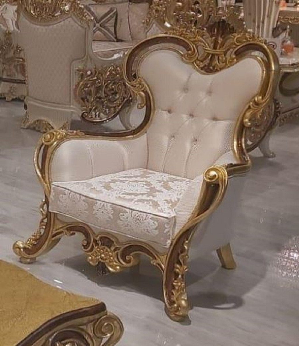 Casa Padrino Sessel Luxus Barock Wohnzimmer Sessel Cremefarben / Braun / Gold - Prunkvoller Sessel mit Muster - Handgefertigte Barock Wohnzimmer Möbel