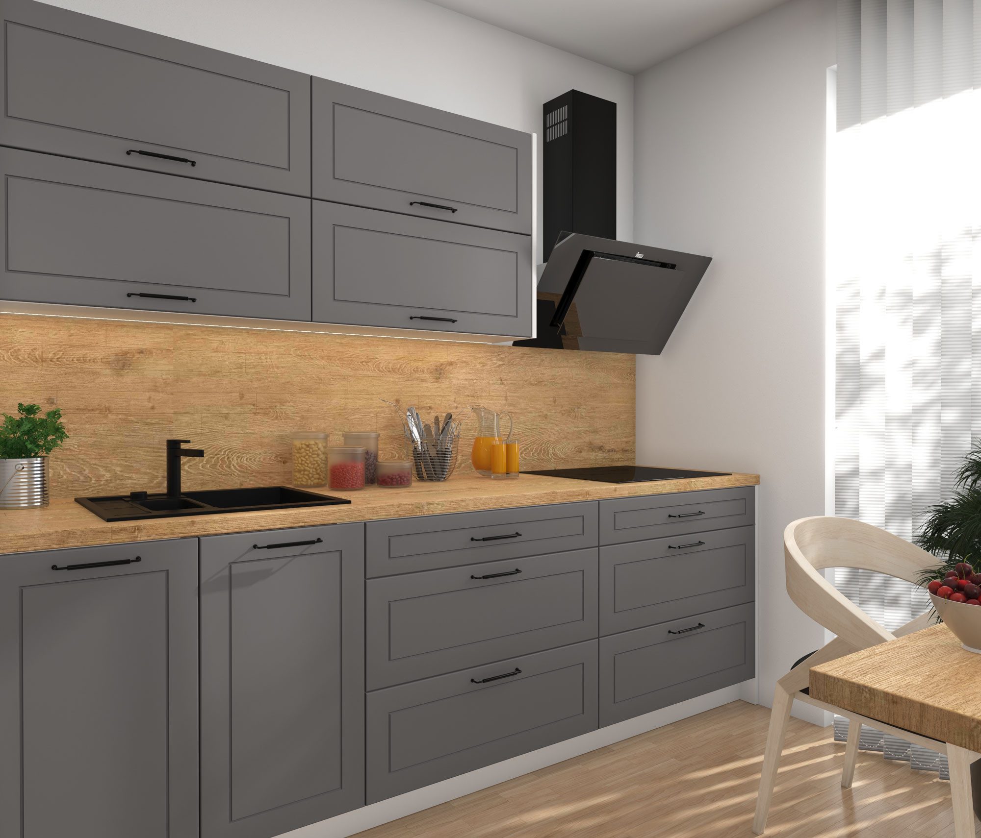 Feldmann-Wohnen Кухниzeile Kvantum, (Klappen mit Gasdruckdämpfer, Blum Metabox), 240cm, 7-tlg, Weiß / Dust Grey Matt - Blum Metabox