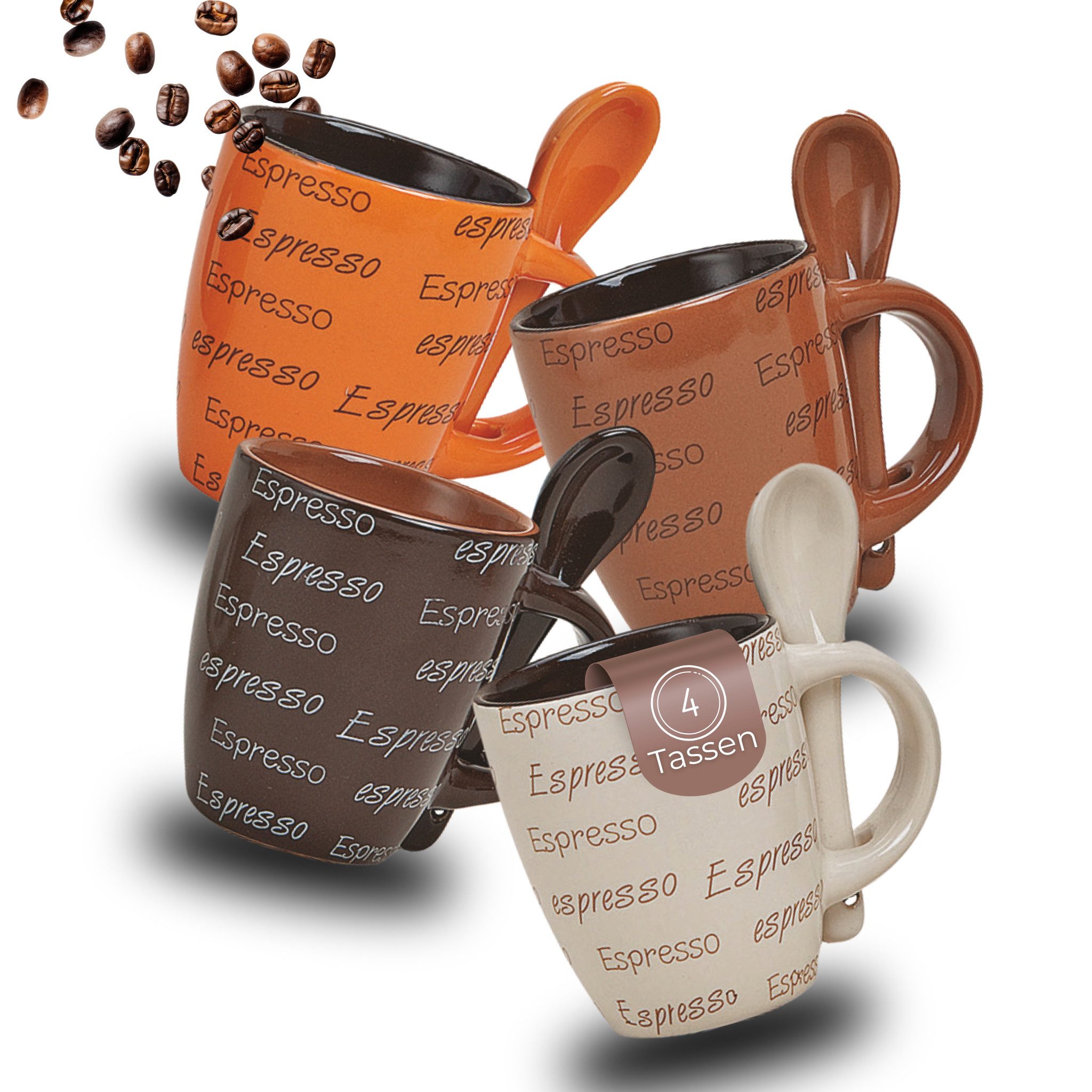 matches21 HOME & HOBBY Tasse Espresso-Tassen mit Löffel 4er Set dickwandige Keramik, 50 ml, 4-tlg., Keramik, Kleine Vintage Henkel Kaffee-Tassen mit Spruch ohne Untertassen
