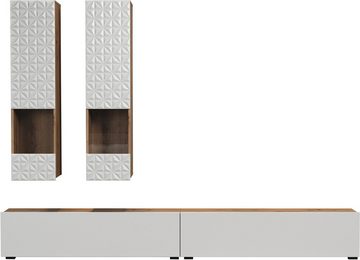 INOSIGN Wohnwand Sylt, 2 Hängevitrinen mit Relief-Front, (Komplett-Set, 3-St), Lowboard je Br. 120 cm, stehend oder hängend