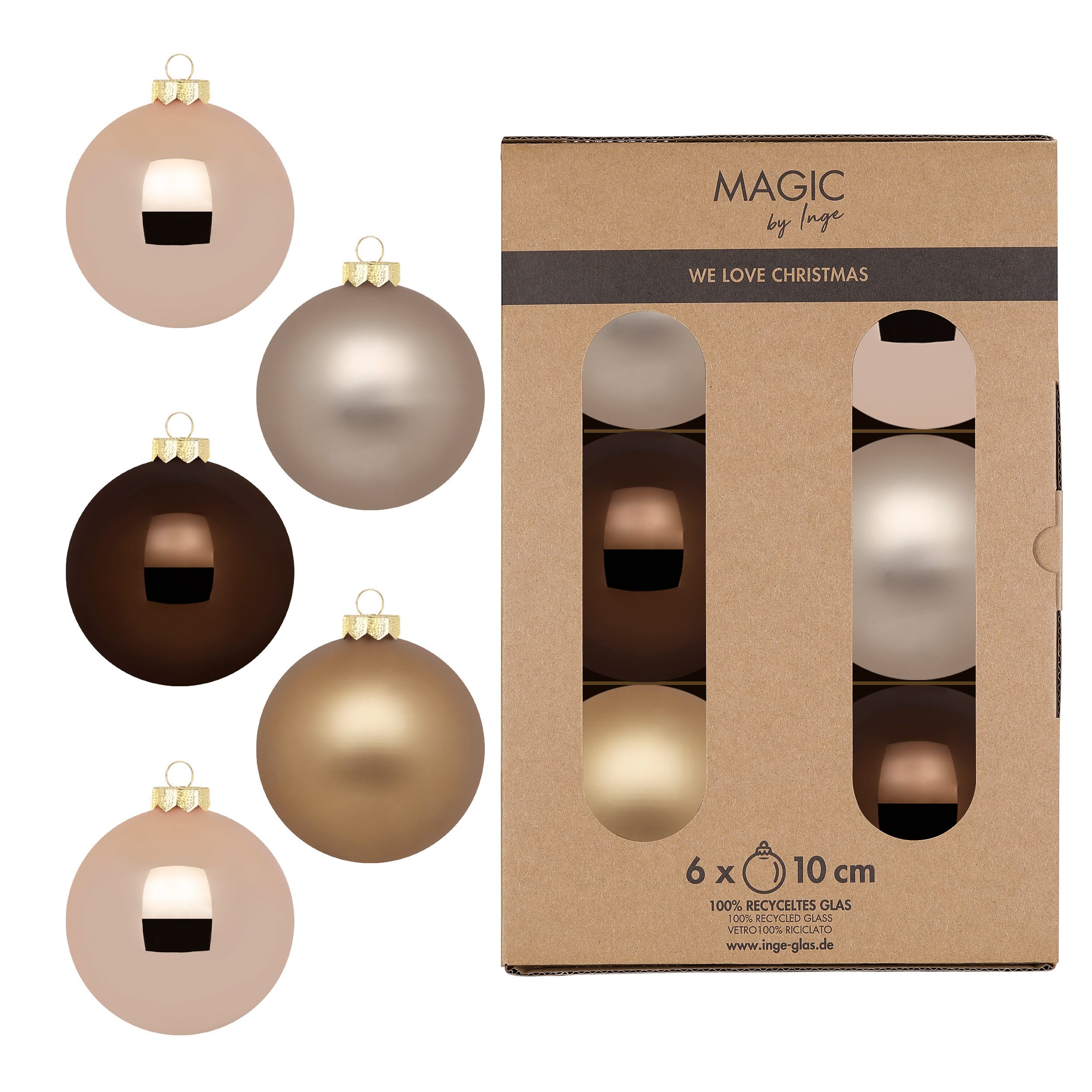 INGE-GLAS® Weihnachtsbaumkugel Christbaumkugeln Weihnachtskugeln Glas Ø 10cm 6 Stk braun beige creme
