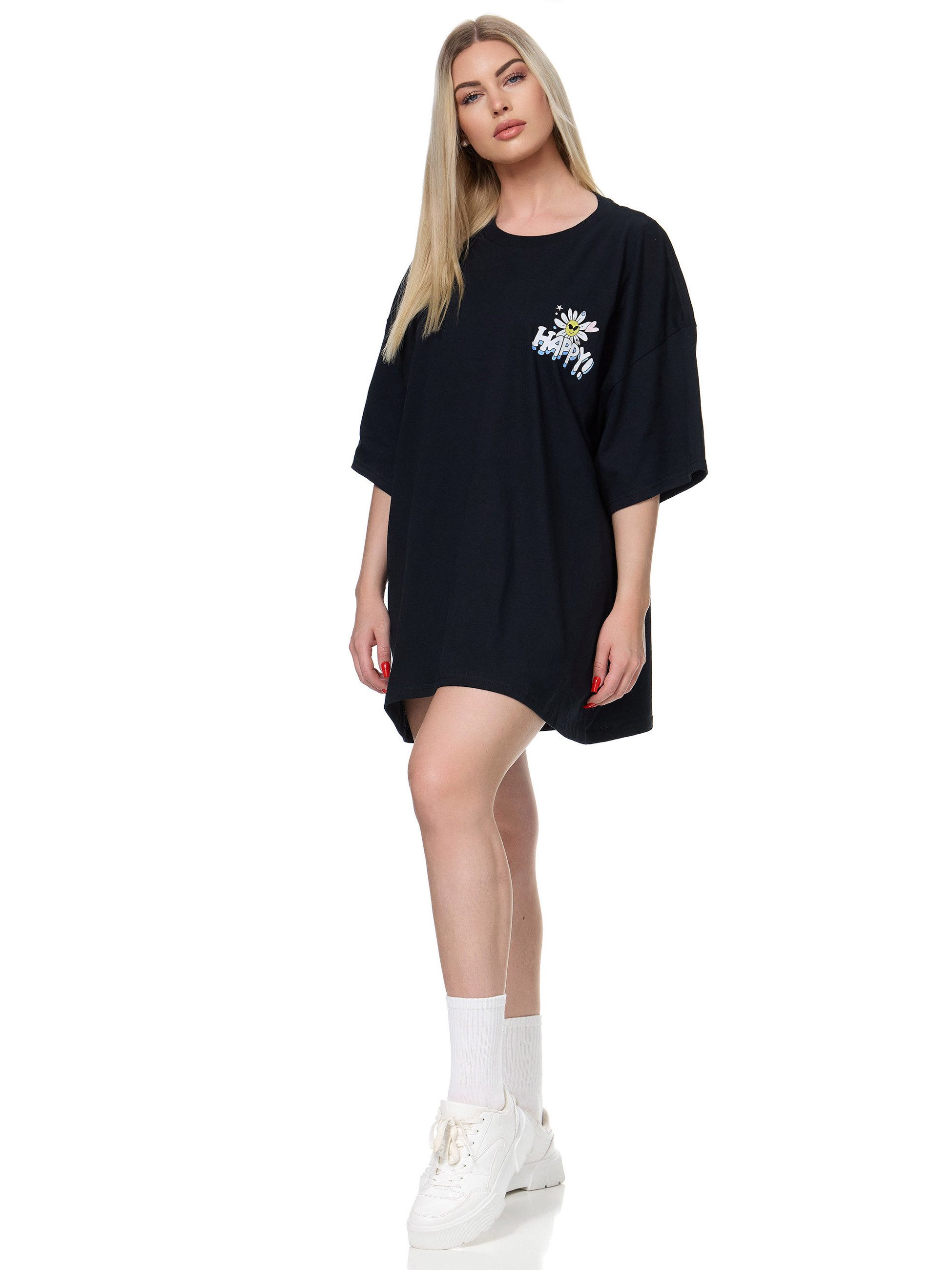 Worldclassca T-Shirt Worldclassca Oversized Print HAPPY T-Shirt lang Sommer Oberteil
