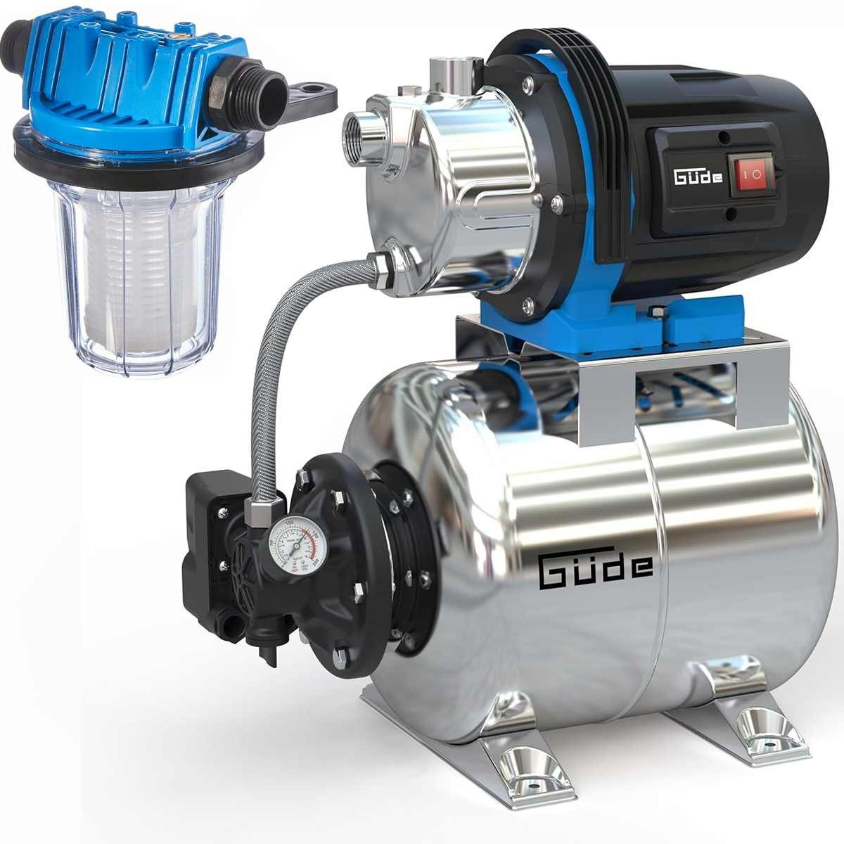 Güde Akku-Gartenpumpe Hauswasserwerk HWW 1000 ES (1000 W, Kessel 20 l, 3600 l/h, Filter