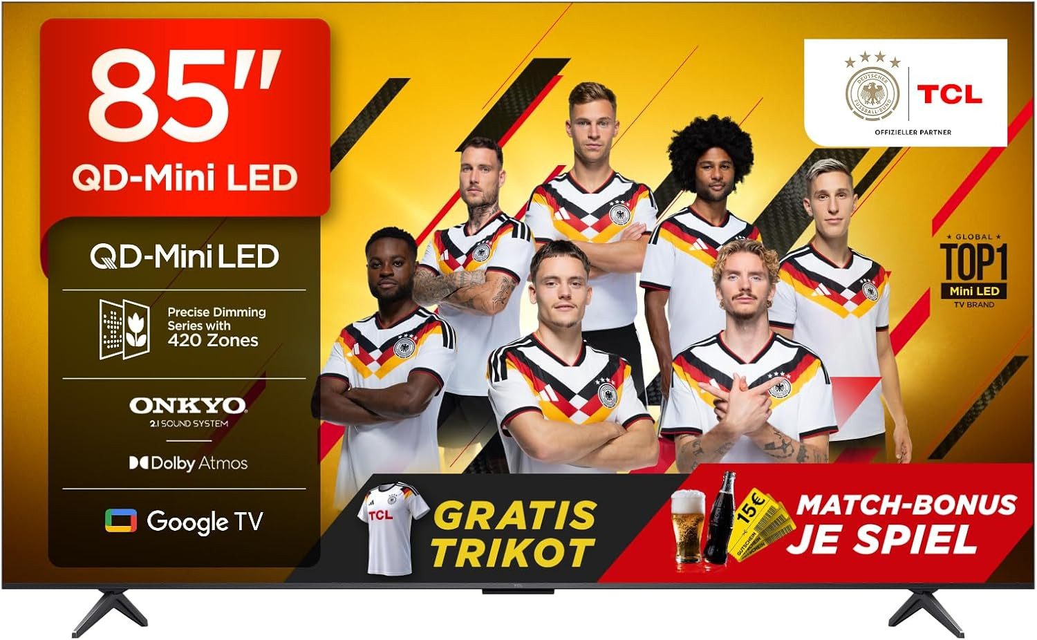 TCL 85Q6CX1 Mini-LED-Fernseher (215 cm/85 Zoll, 4K Ultra HD, Smart-TV, Google TV, 4K Multi-HDR Dolby Vision, 144Hz, ONKYO Dolby Atmos, Apple Airplay 2)