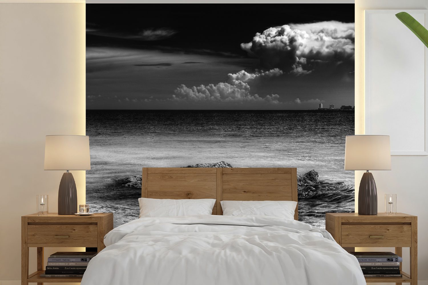 Wohnzimmer für Matt, Schwarz klarem - Wandtapete Skyline Vinyl Schlafzimmer, Wasser Fototapete von bedruckt, oder und Cancun MuchoWow St), weiß, Tapete mit (5