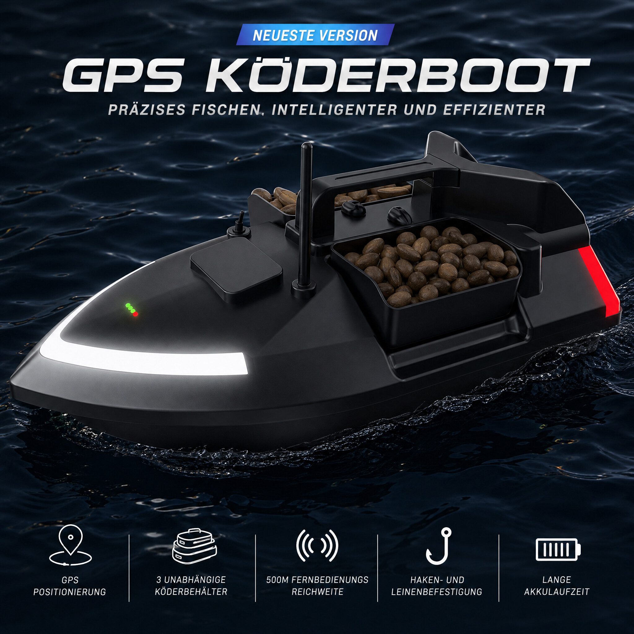 GARRYFIZH RC-Boot Futterboot Futterboot Angeln Futterboot mit GPS (Packung, 500 Meter), Automatische Rückführung, Tempomat, leistungsstarker Motor, Nachtlicht