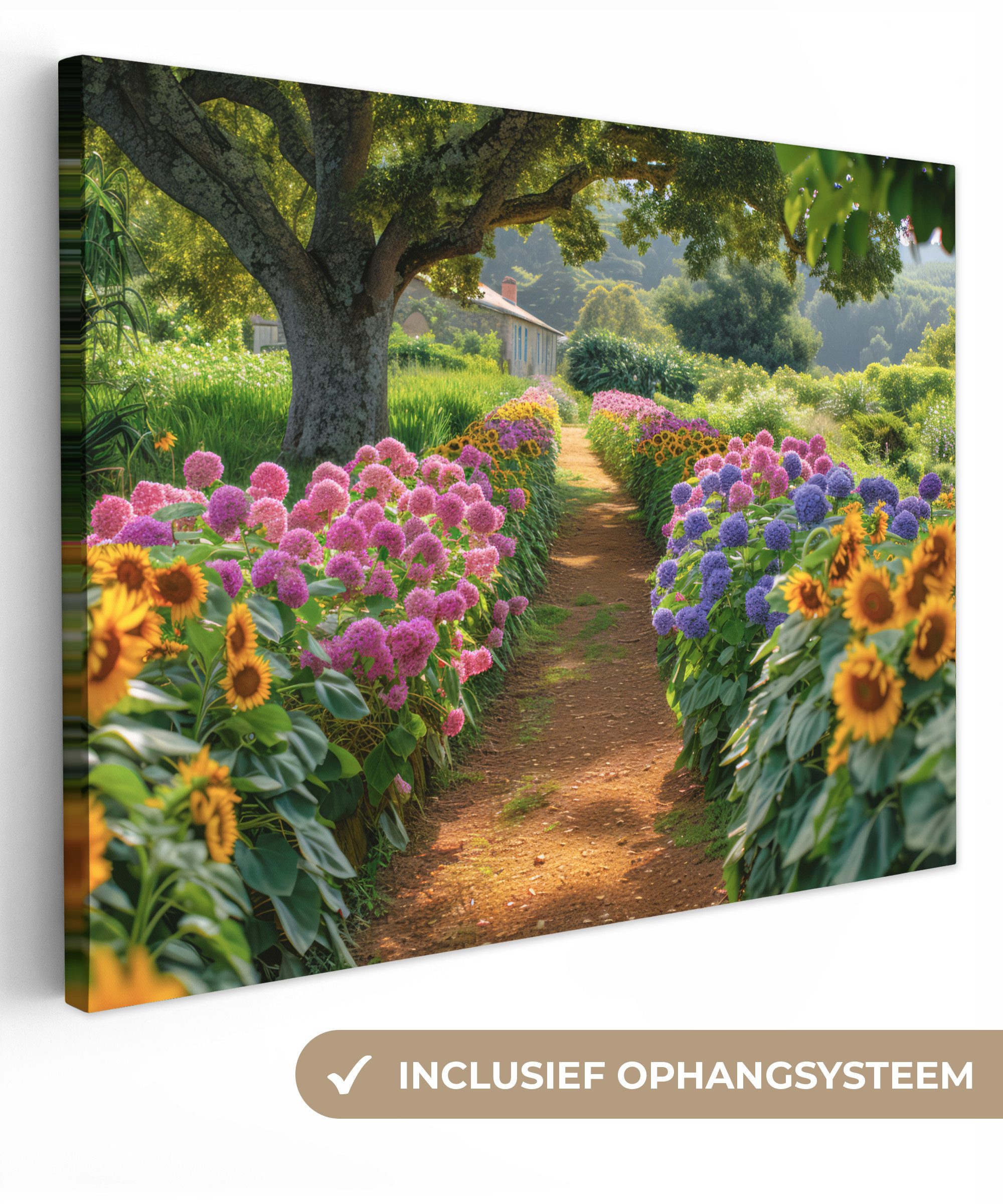 OneMillionCanvasses® Leinwandbild Blumen - Weg - Sonnenblumen - Garten - Hortensie, Fotodruck (1 St), Wandbild Leinwandbilder, Aufhängefertig, Wanddeko 40x30 cm
