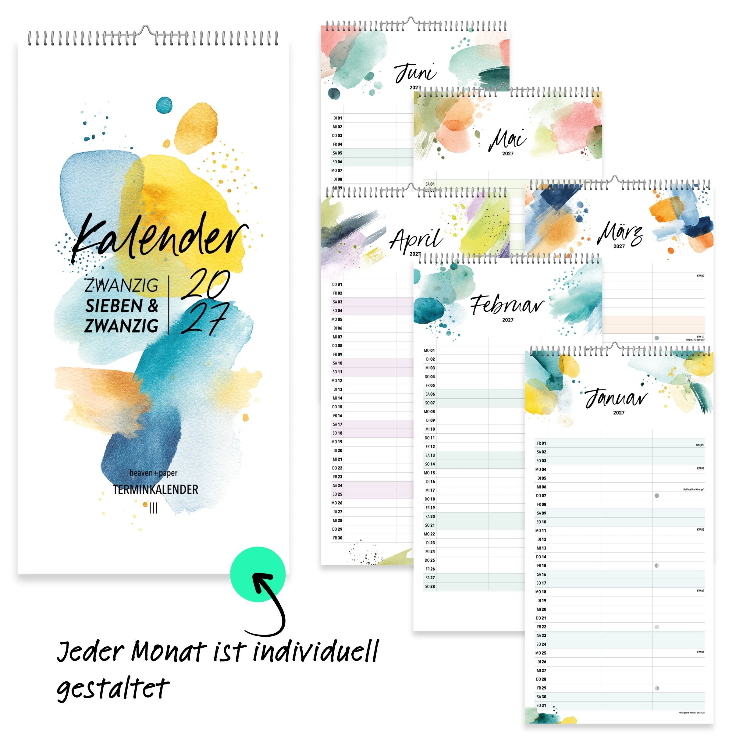 heaven+paper Partnerkalender Paarplaner Splash 3 Spalten 2027 künstlerisch, hochwertig, Hergestellt in Deutschland – Bild 4 von 5