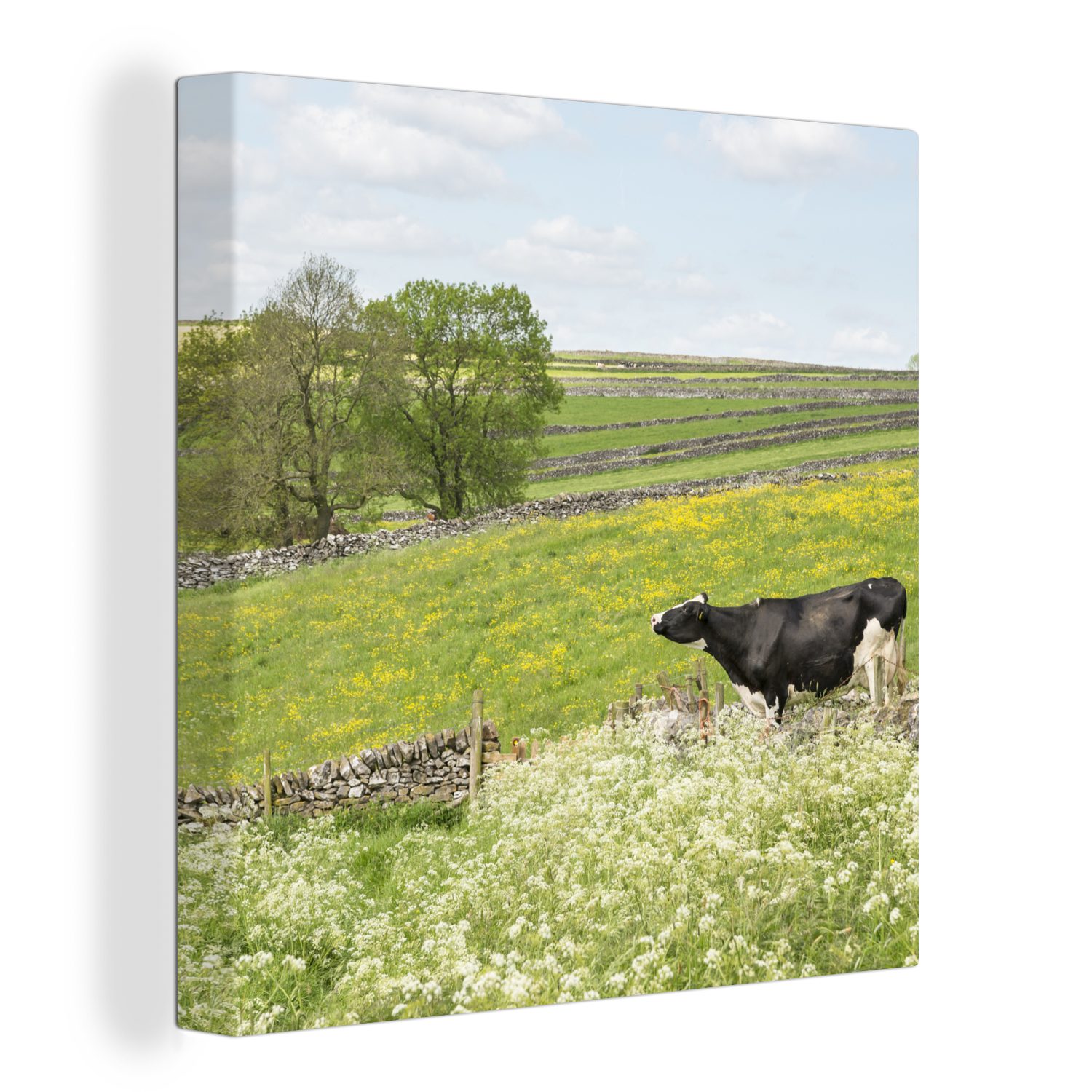 OneMillionCanvasses® Leinwandbild Kuh - Blumen - Tiere, (1 St), Leinwand Bilder für Wohnzimmer Schlafzimmer