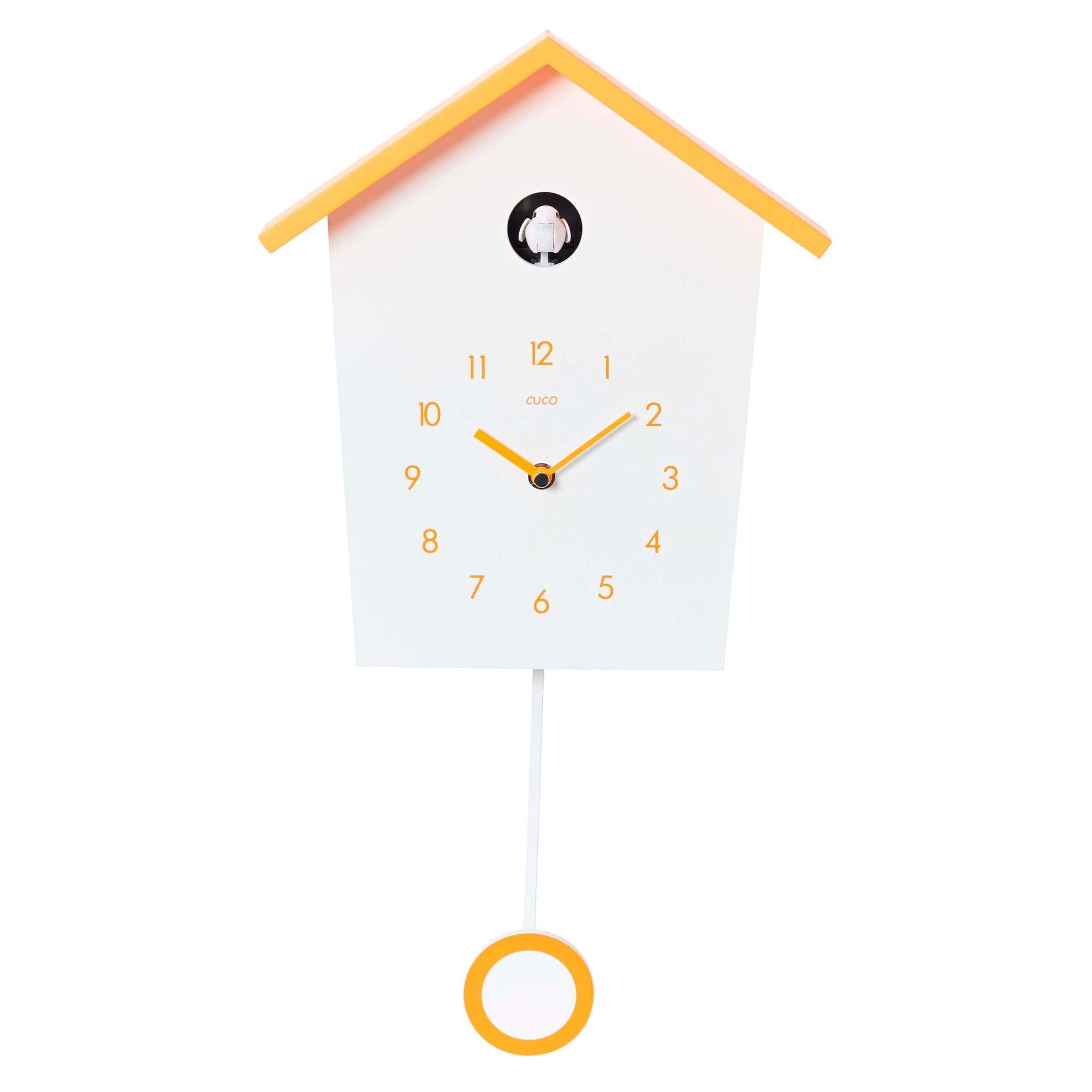 Cuco Clock Wanduhr Kuckucksuhr LANDHAUS, (46,5 Nachtruhefunktion, × Weiß/ Vogelgezwitscher) mit 7,8cm, Moderne × Orange Schwarzwalduhr Pendeluhr Pendeluhr 27 Wanduhr