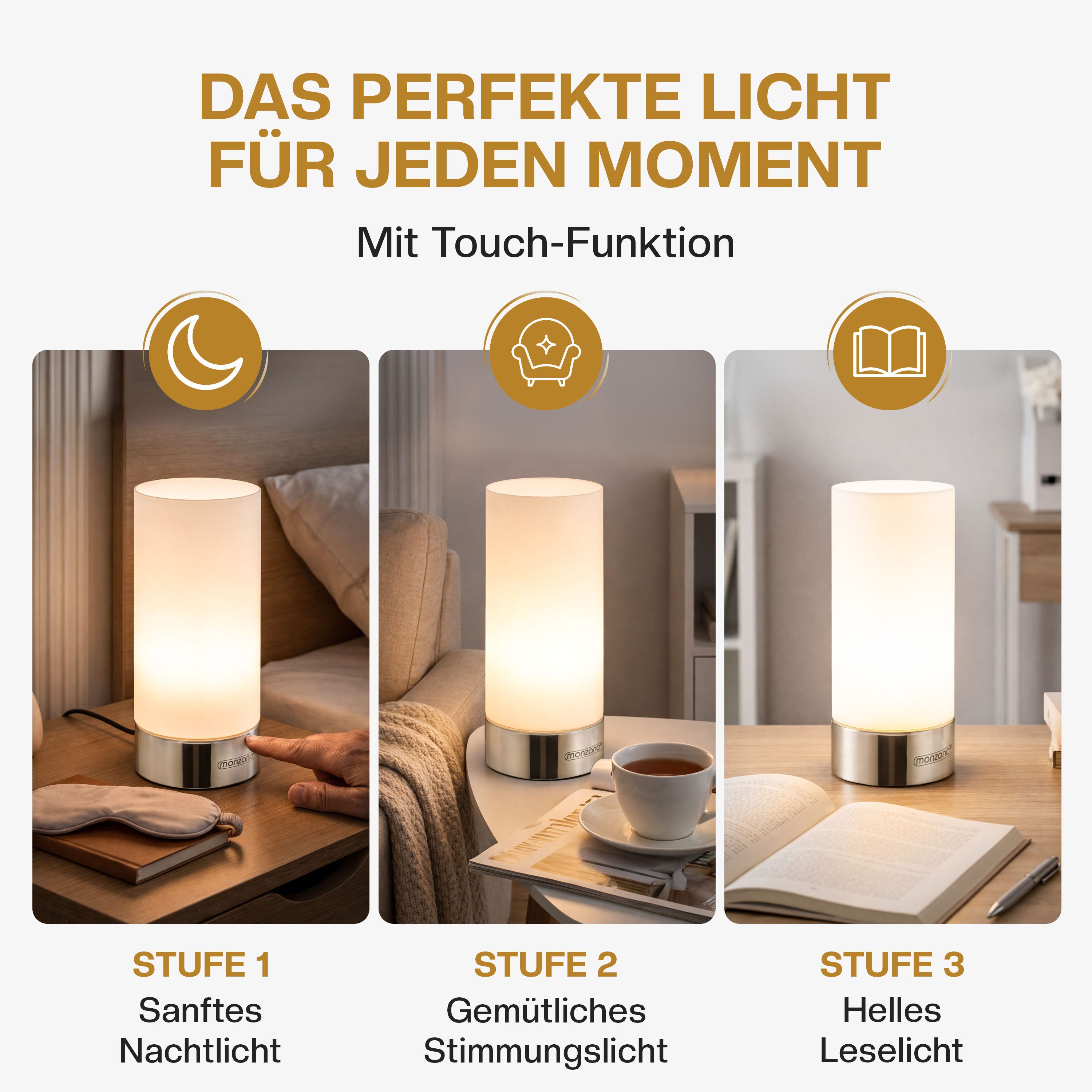 monzana Nachttischlampe 2er Set Golau, Nachttischlampe, 2er Set LED Touch Dimmbar Schlafzimmer Wohnzimmer Tischlampe Leuchte – Bild 3 von 5