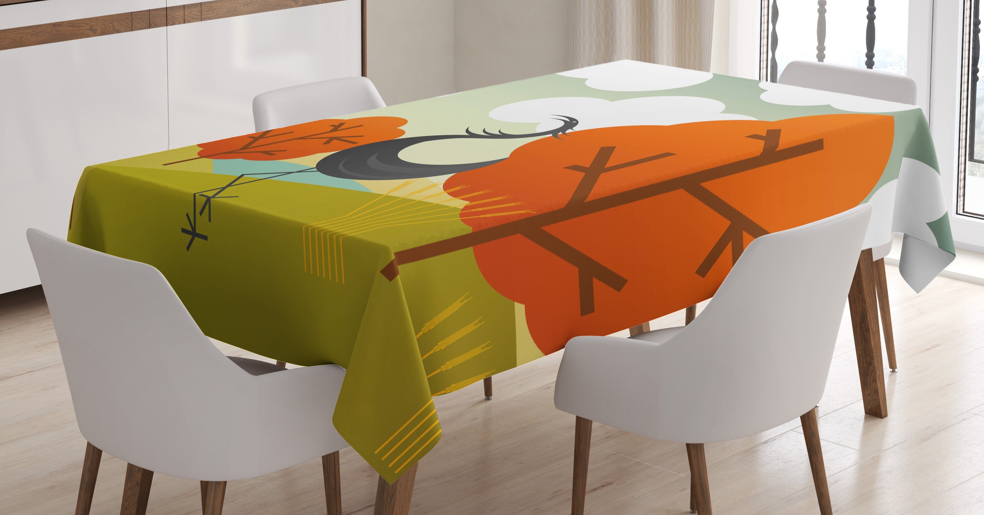 Abakuhaus Tischdecke Farbfest Waschbar Für den Außen Bereich geeignet Klare Farben, Kran Abstrakt Vogel Bäume und Wolke